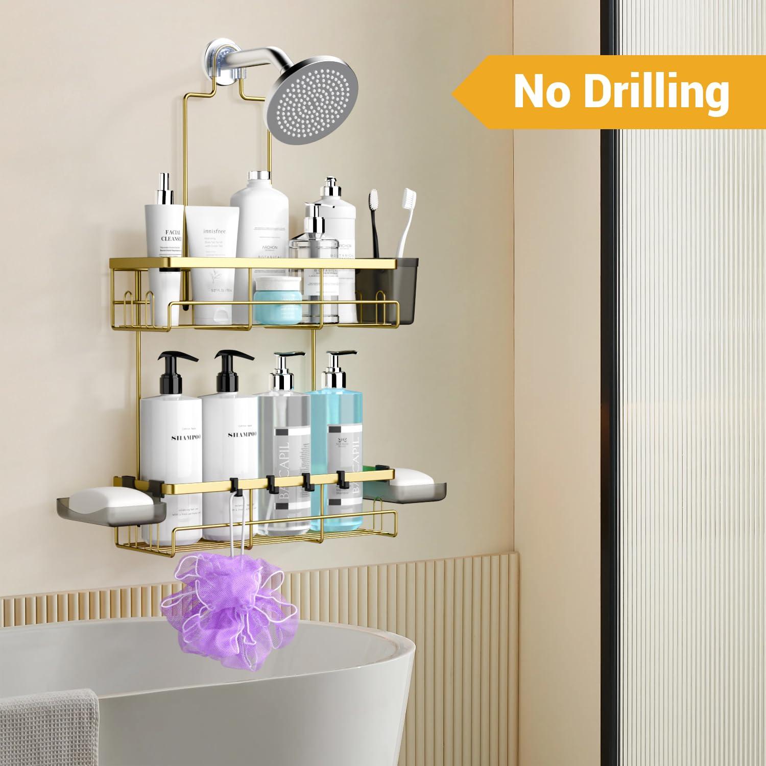 Shower Caddy Hanging Bathroom Organizer: Rustproof Shelf for Inside Shower - No Drilling Racks Over Showerhead - Bath Shelves for Shampoo Soap Gold