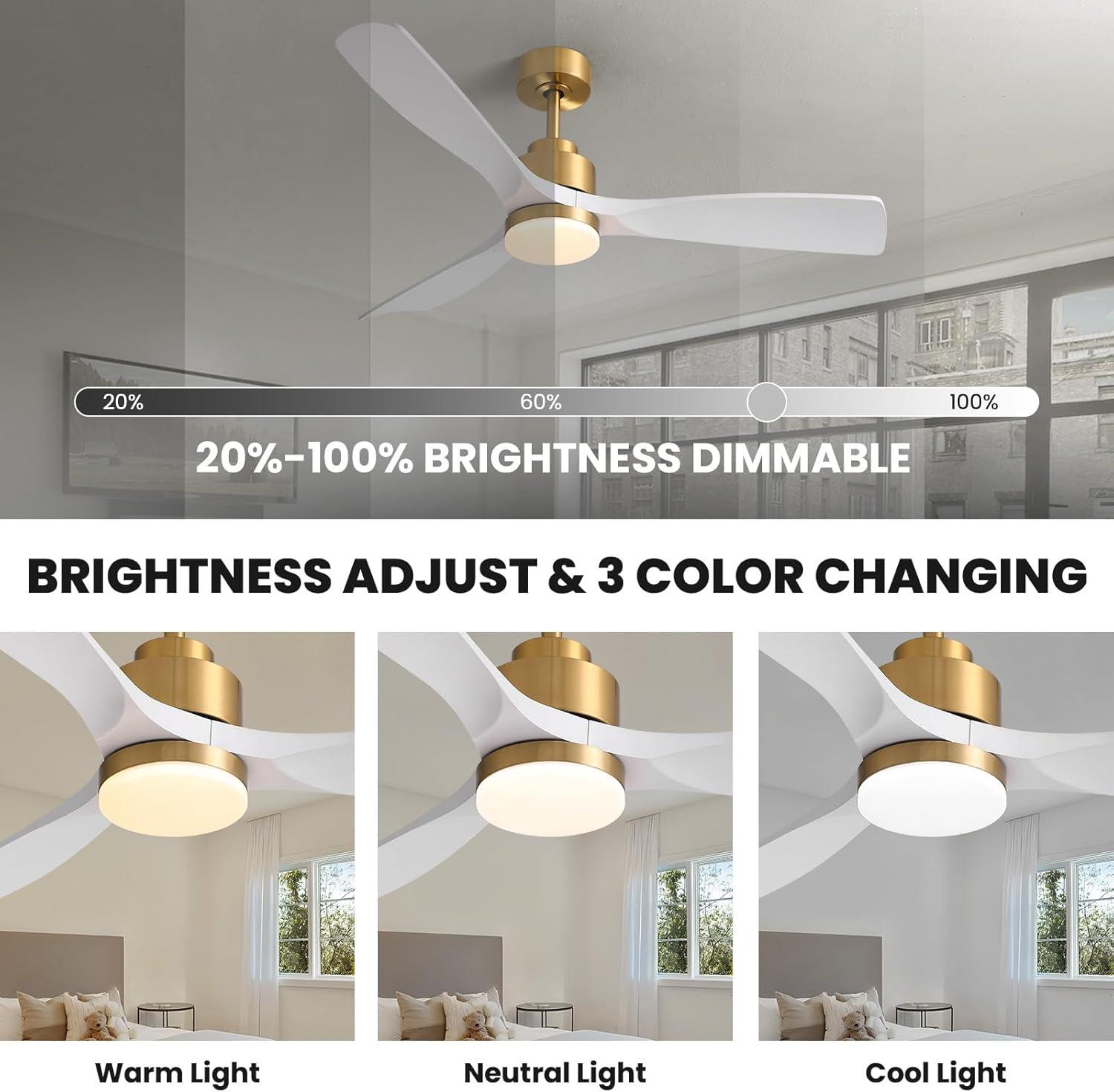 52 Inch Gold White Smart Ceiling Fans with Lights and Remote,Quiet DC Motor,for Modern Bedroom Living Room Patio