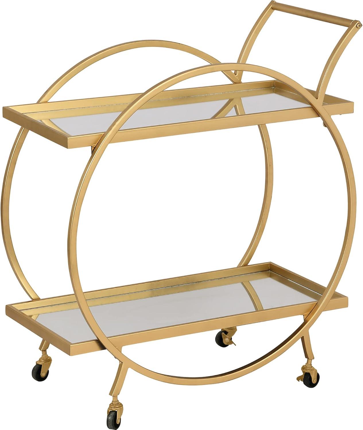 Bar Cart, 2 Tier Mobile Mini Bar, Kitchen Serving Cart and Coffee Station with Storage for Liquor, Metal and Mirror, Use for Home Kitchen Club Living Room, 27"x14"x28"