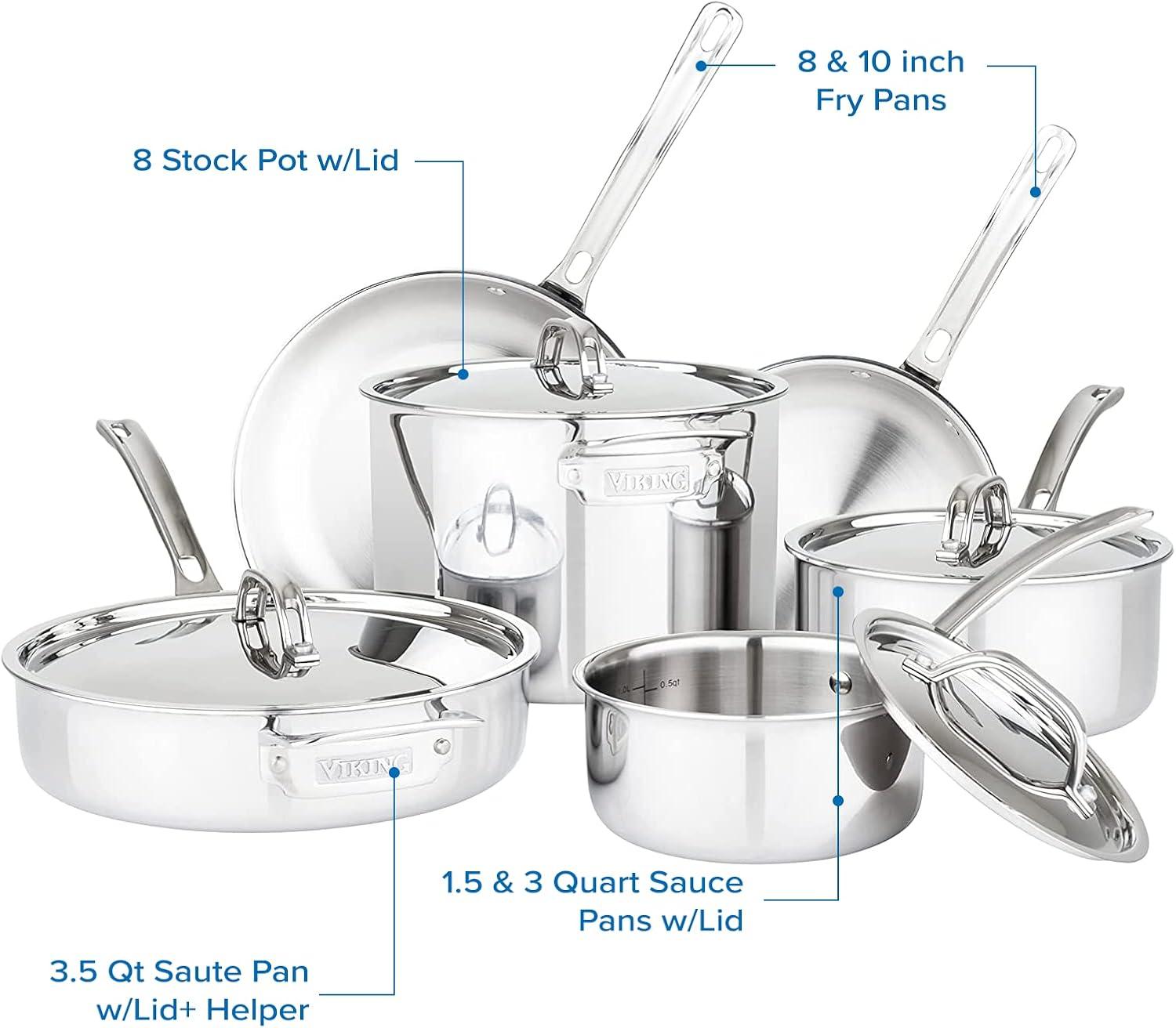 Viking 10-Piece 3-Ply Stainless Steel Cookware Set with Metal Lids