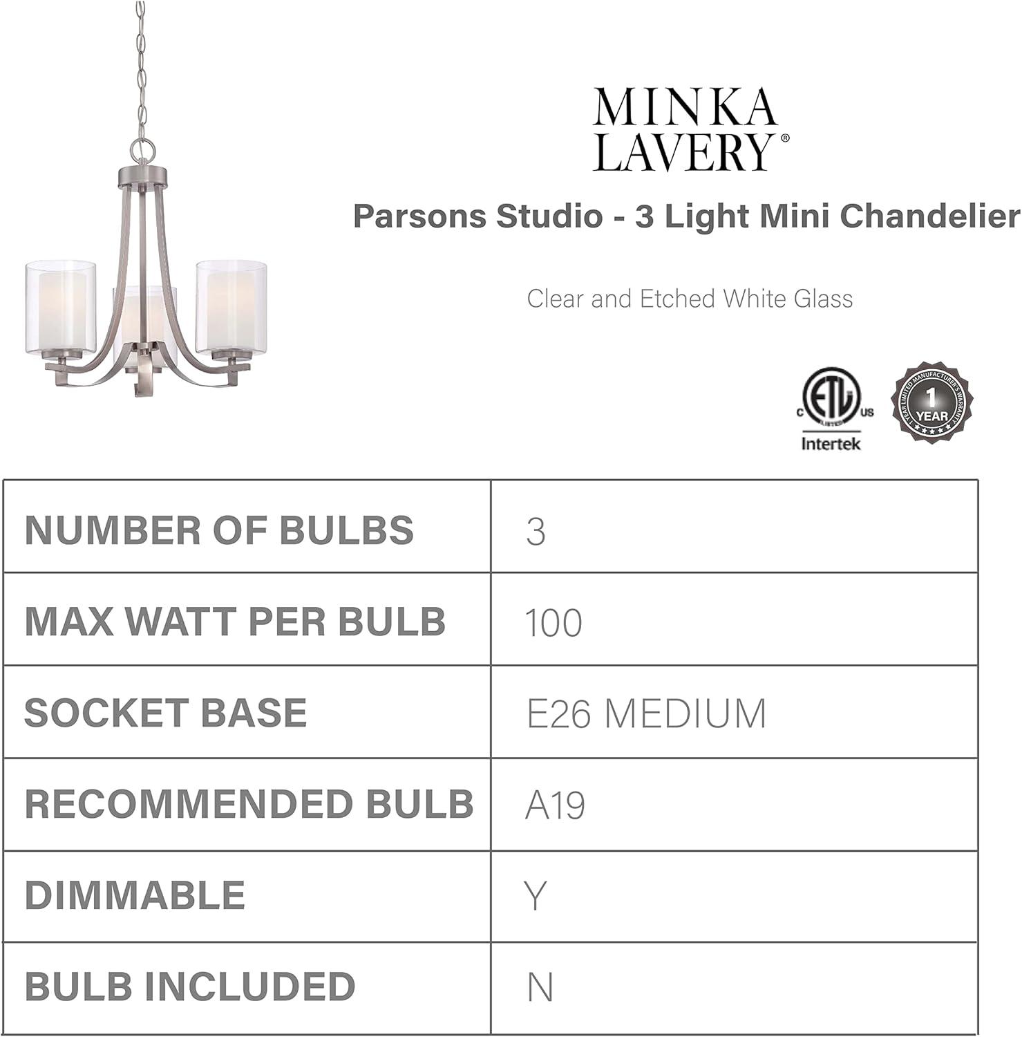 Minka Lavery 4103-84 Parsons Studio 3 Light Chandelier in Brushed Nickel