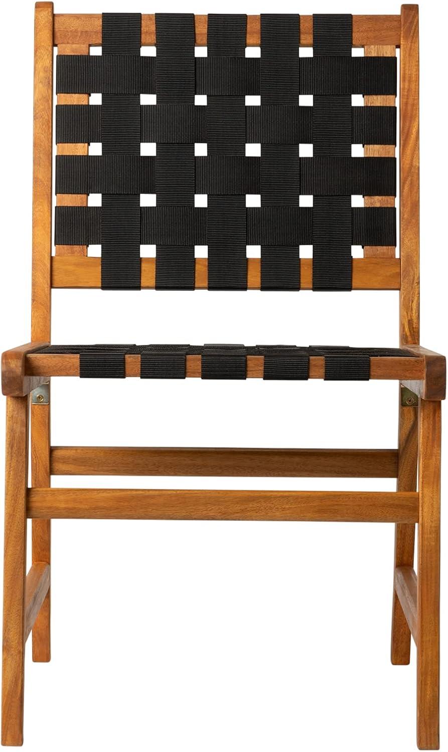 Balkene Home Sava Indoor Outdoor Armless Dining Side Chair, Portable Seating, Acacia Wood Woven Seat - Black Webbing