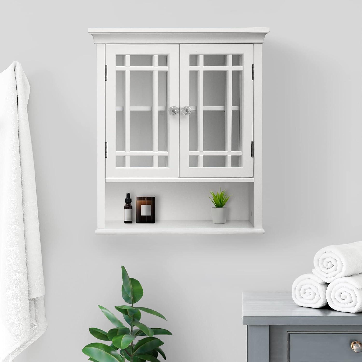 White MDF Wall Cabinet with Glass Doors and Adjustable Shelf