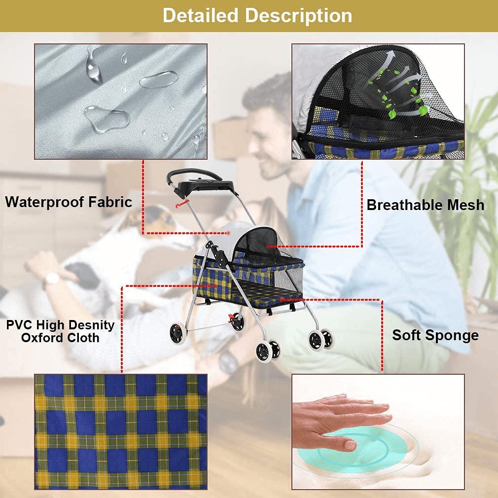 FDW 4 Wheels Pet Stroller Cat Dog Stroller Portable Folding Travel Carrier Strolling Cart Waterproof with Storage Basket,Mesh Windows, Yellow Plaid