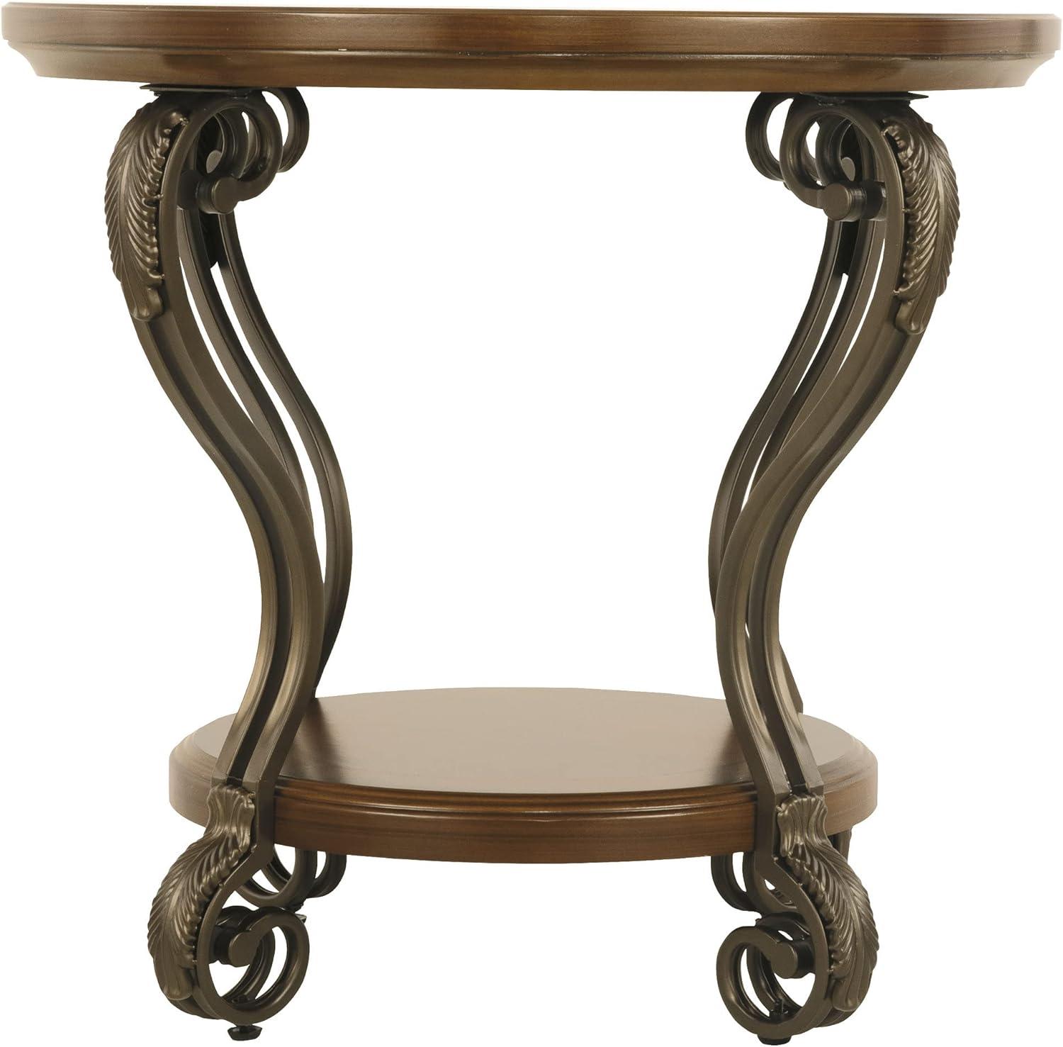 Nestor Contemporary Round End Table with Acanthus Leaf Carvings, Medium Brown