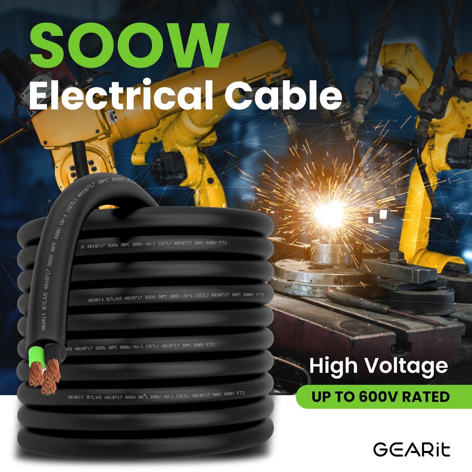 GearIT 14/3 14 AWG Portable Power Cable (50 Feet - 3 Conductor) SOOW 600V 14 Gauge Electric Wire for Motor Leads, Portable lights, Battery Chargers, Stage Lights and Machinery -50ft Electrical Cord