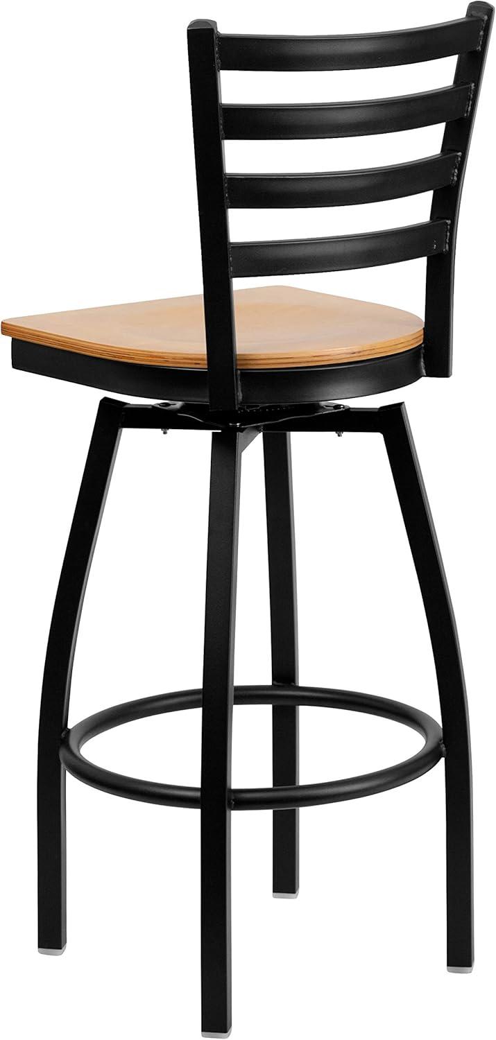 BizChair 2 Pack Black Ladder Back Swivel Metal Barstool - Natural Wood Seat