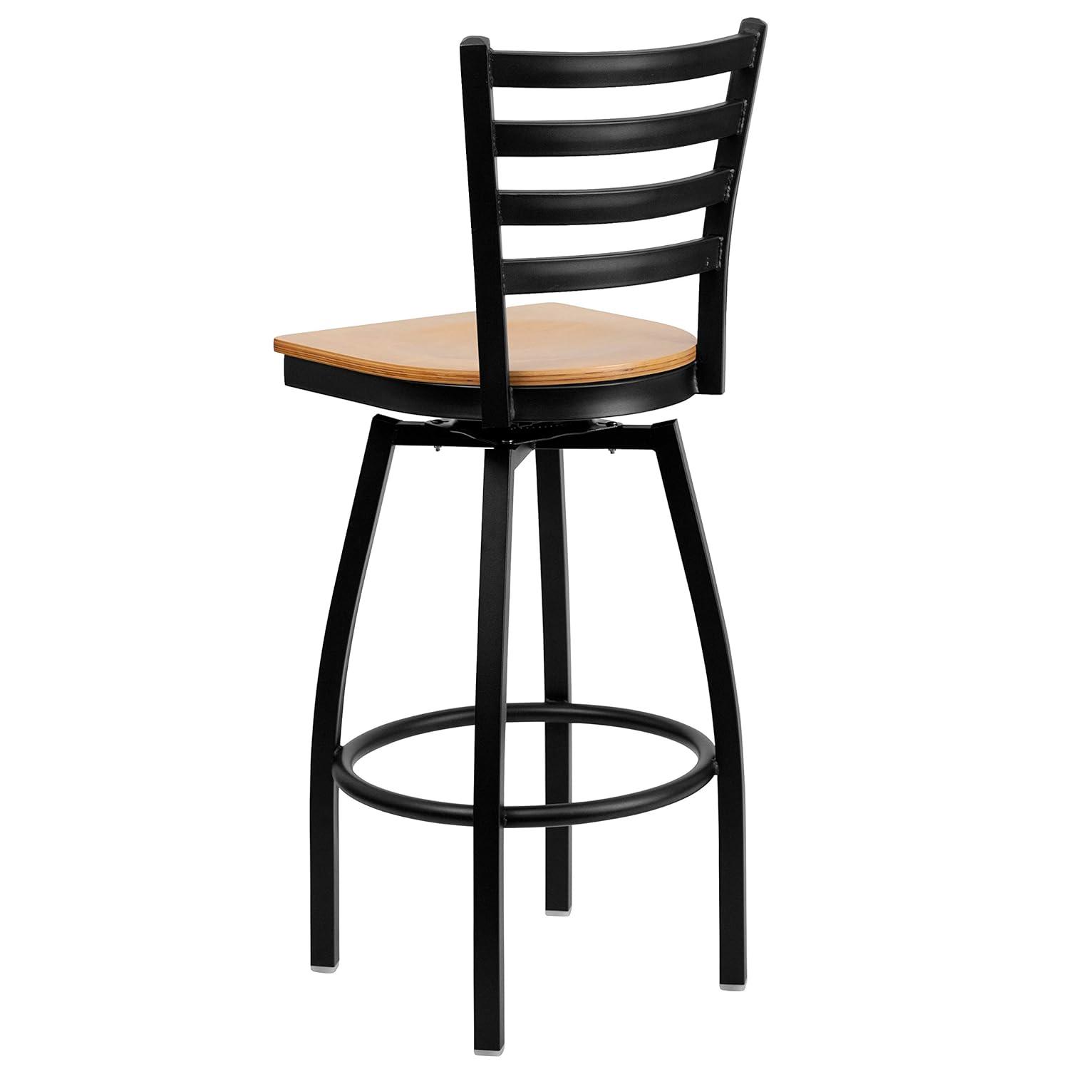 Flash Furniture 2 Pack HERCULES Series Black Ladder Back Swivel Metal Barstool - Natural Wood Seat