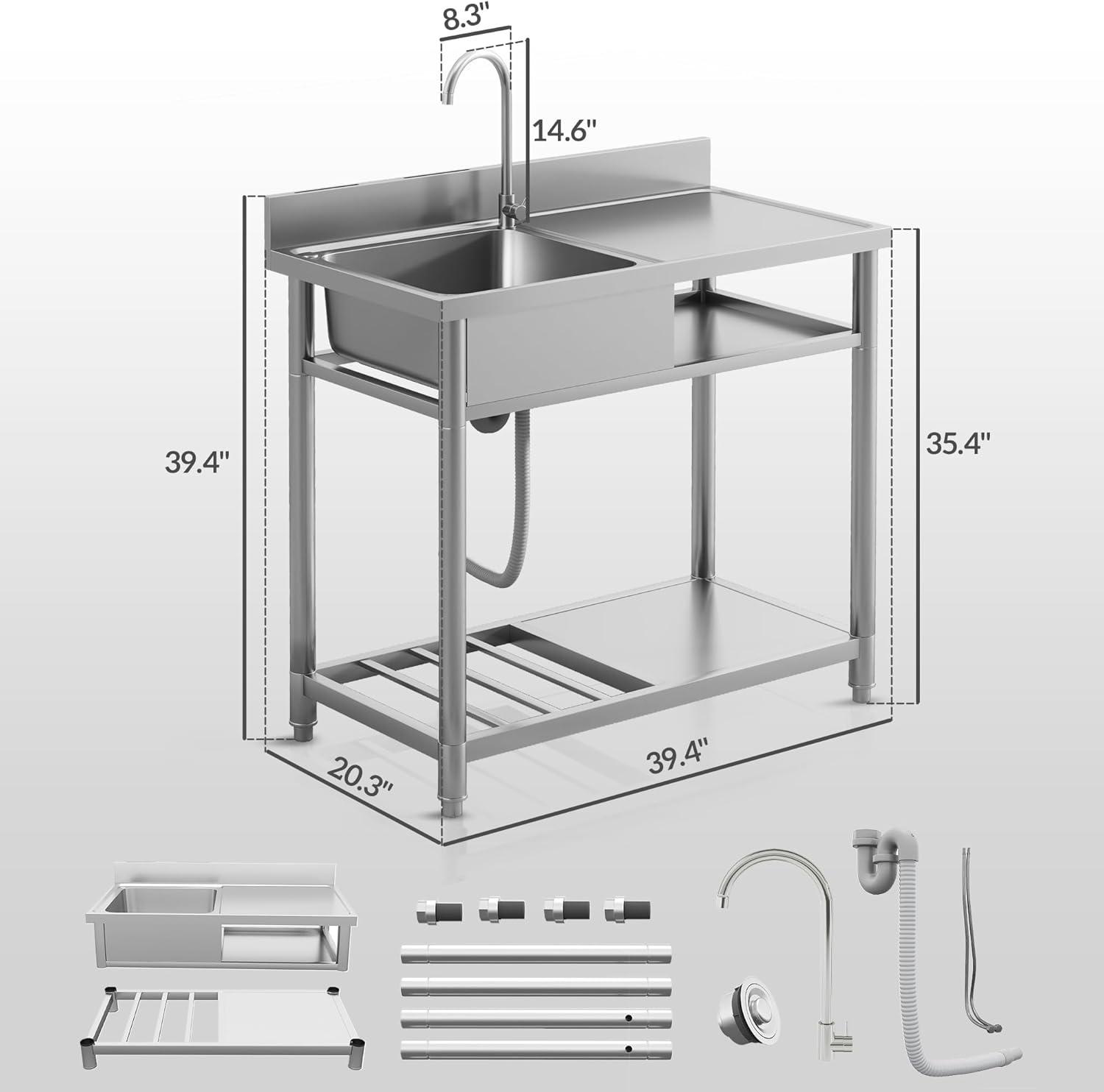 Deep Stainless Steel Freestanding Utility Sink with Storage Shelf