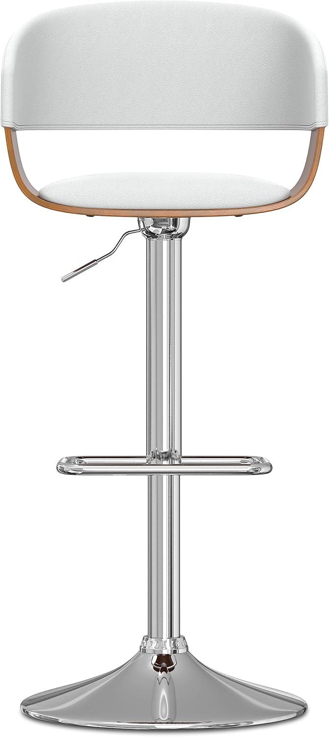 White Faux Leather Adjustable Swivel Bar Stool with Wood Accents