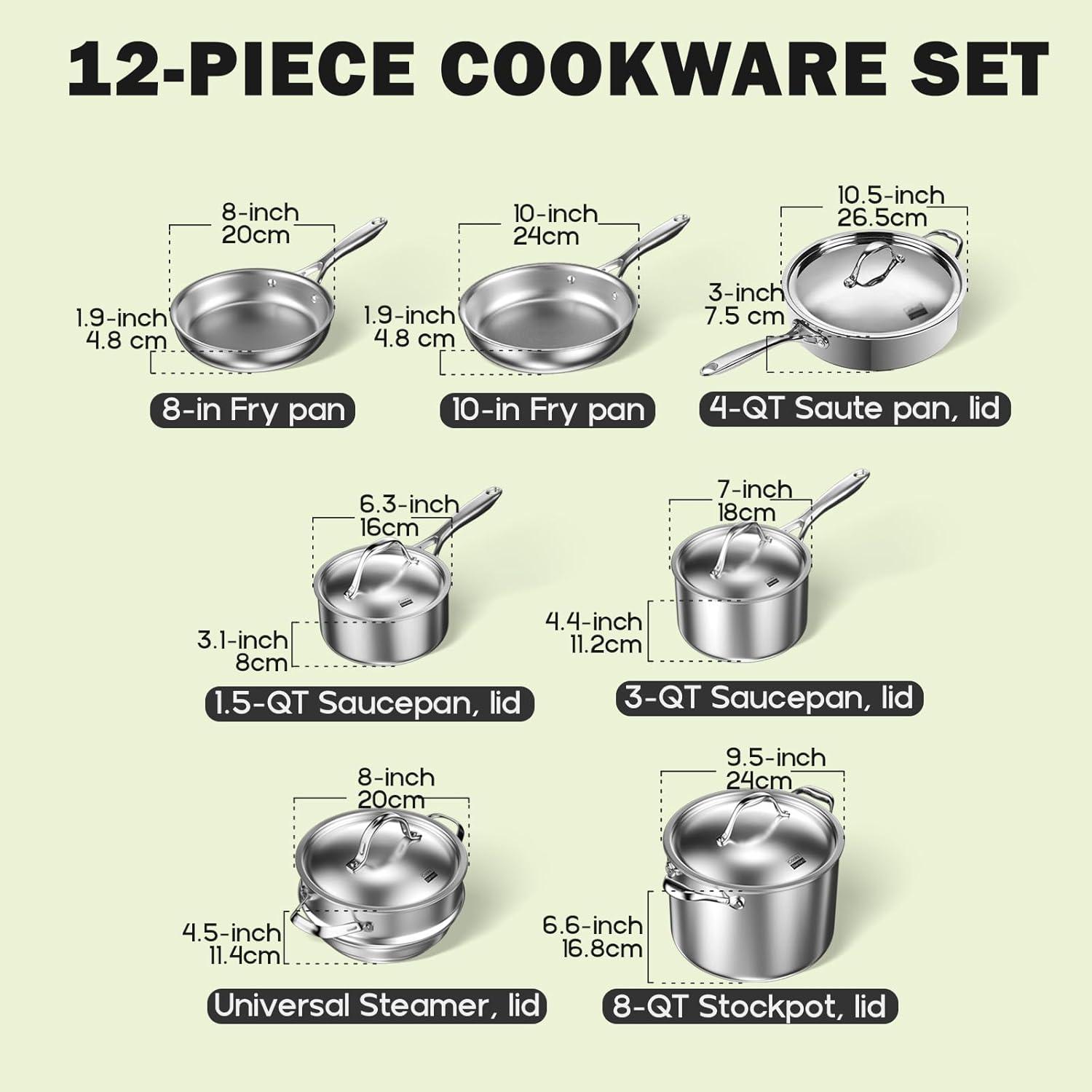 Cooks Standard Stainless Steel Kitchen Cookware Sets 12-Piece, Multi-Ply Full Clad Pots and Pans Cooking Set with Stay-Cool Handles, Dishwasher Safe, Oven Safe 500°F