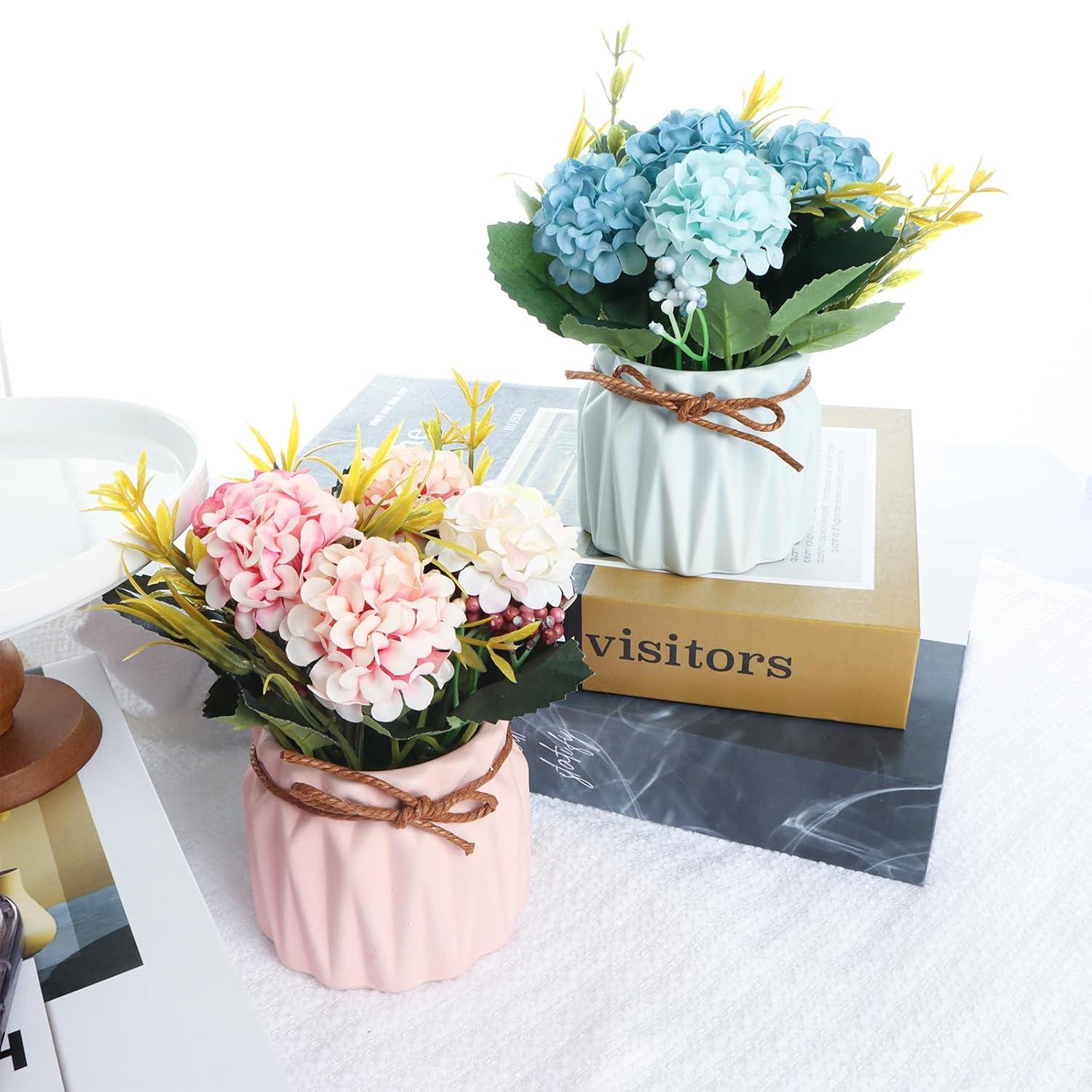 Artificial potted flowers, small ceramic vases fake flower plants for home and office interior tabletop decoration, artificial flower hydrangeas - Pink