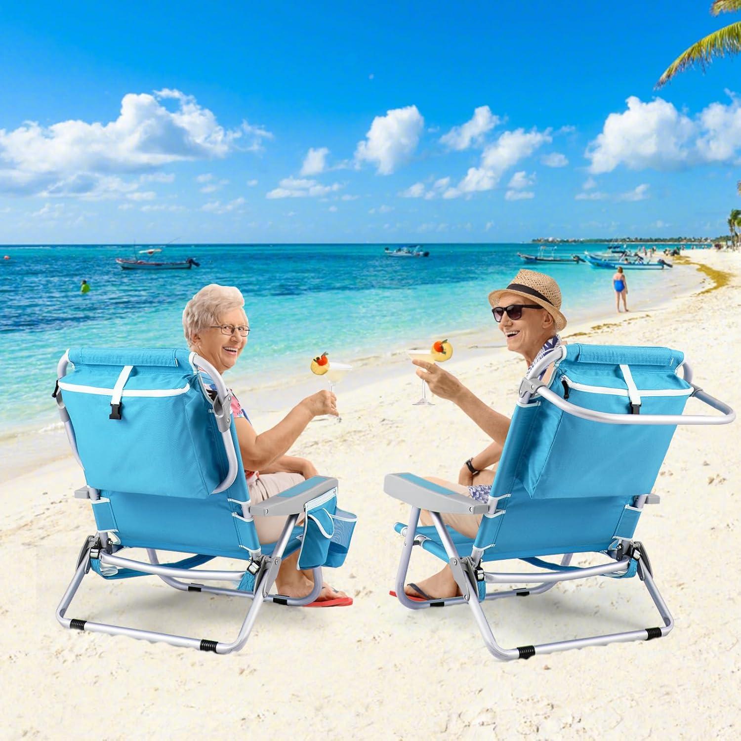 Barara King Folding Chair, Outdoor Lounge Chair,Foldable Backpack Beach Chair with Cup Holder and Storage Pockets Set of 2-Blue