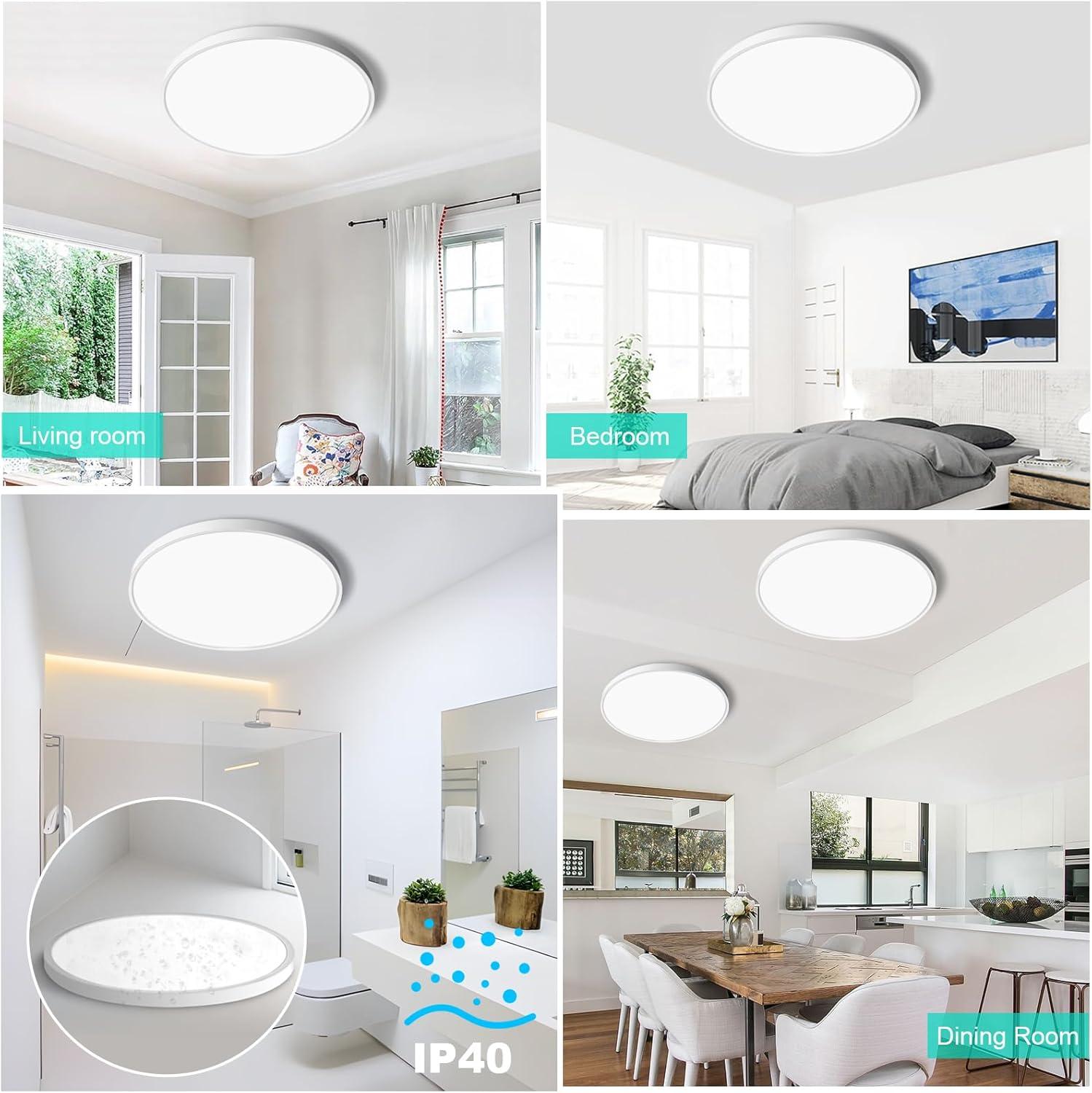 12 Inch LED Flush Mount Ceiling Light Fixture, 5000K Daylight White, 3200LM, 24W, Flat Modern round Lighting Fixture, 240W Equivalent White Ceiling Lamp for Kitchens, Stairwells, Bedrooms.Etc.