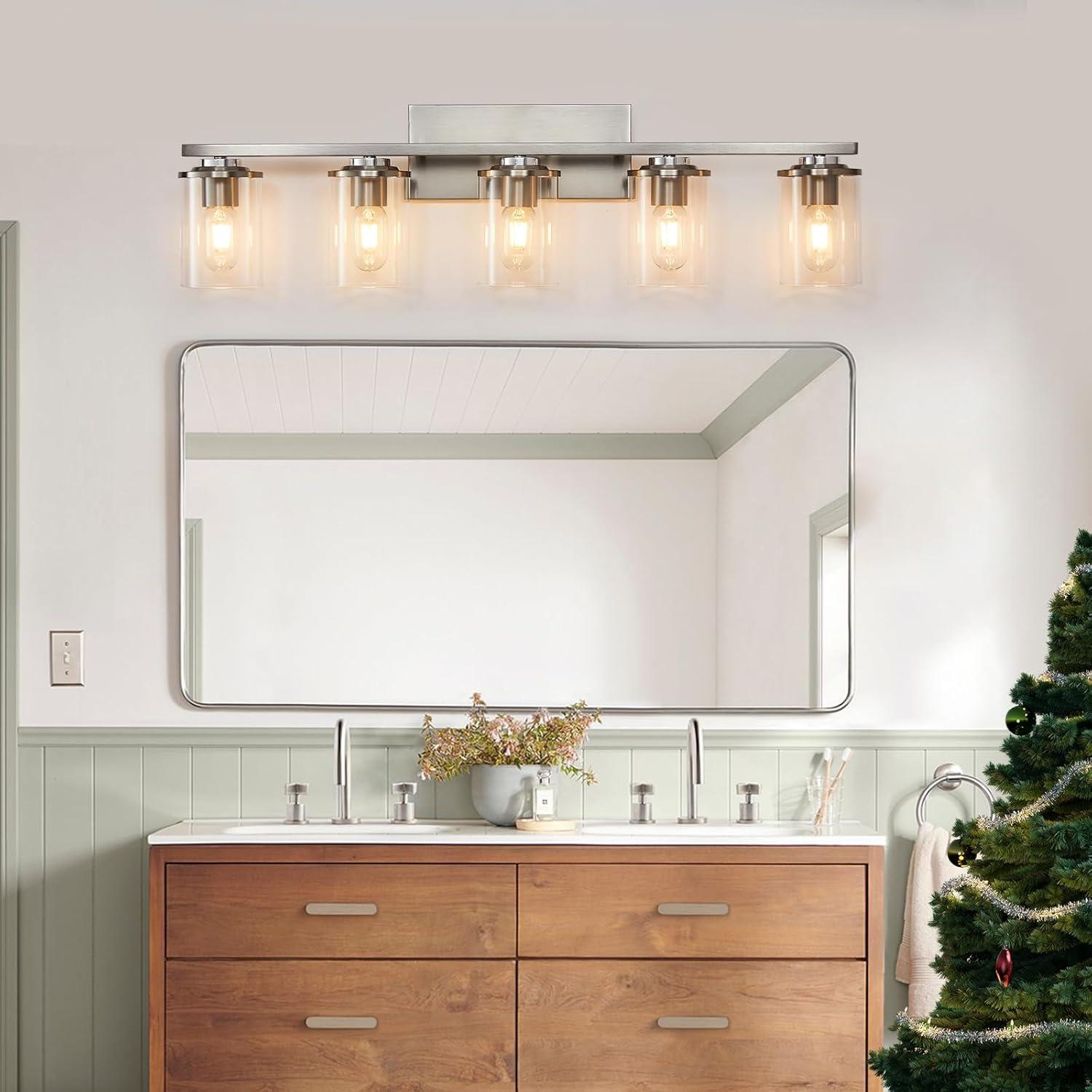 3-Light Brushed Nickel Wall Sconces for Bathroom, Modern Vanity Light Fixtures Over Mirror, Wall Lamp with Clear Glass Shade, E26 Wall Sconces Over Mirror for Bathroom, Living Room, Hallway