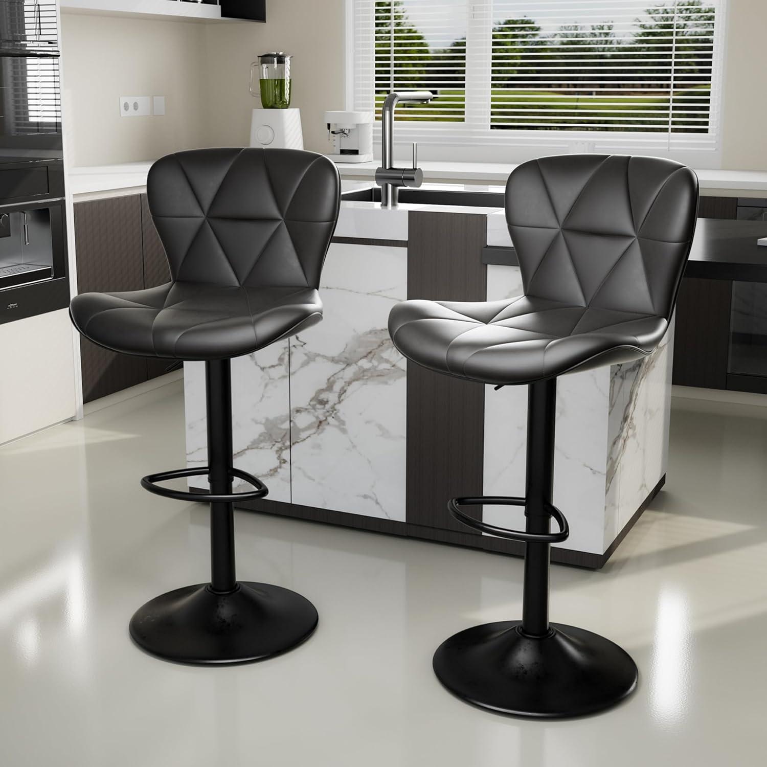 Modern Bar Stools Set of 2, Adjustable Faux Leather Upholstered Swivel Counter Stools, Light Grey