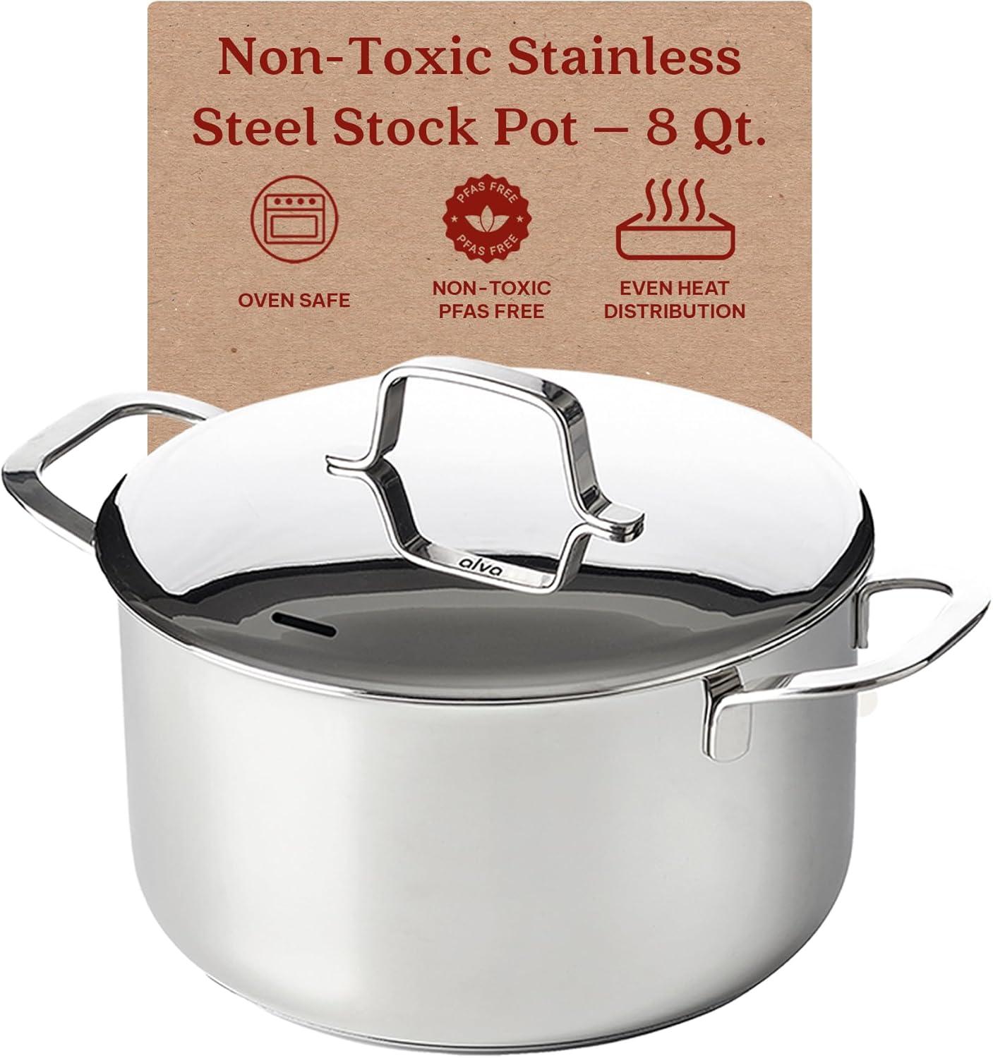 Alva Maestro 8 Qt. Stainless Steel Stock Pot with Lid Scratch Resistant Non-Toxic PFAS Free Compatible with All Stovetops Oven Safe & Induction Safe