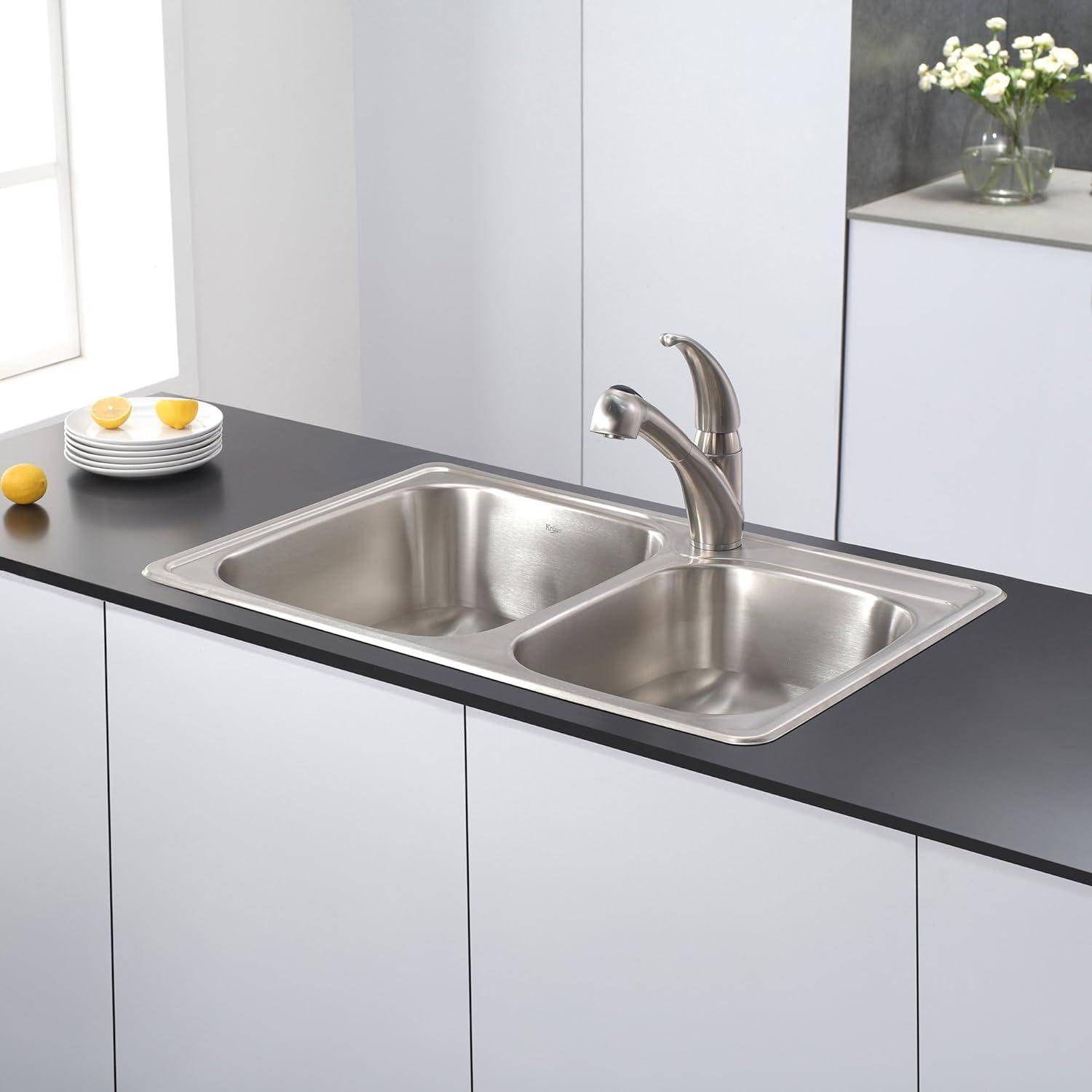 KRAUS 33 inch L Topmount 60/40 Double Bowl 18 Gauge Stainless Steel Kitchen Sink with NoiseDefend Soundproofing