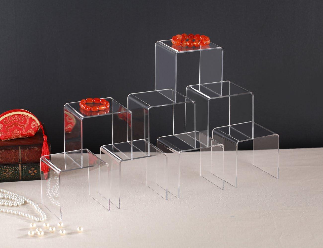 Jusalpha® 8 PC 5'' Clear Acrylic Risers, Acrylic Display Risers Shelf Showcase Fixtures for Jewelry, Display Stand for Amiibo Funko POP Figures, Cupcakes, Food Display, Cabinet- Lot of 8 (5x5x5 Inches)