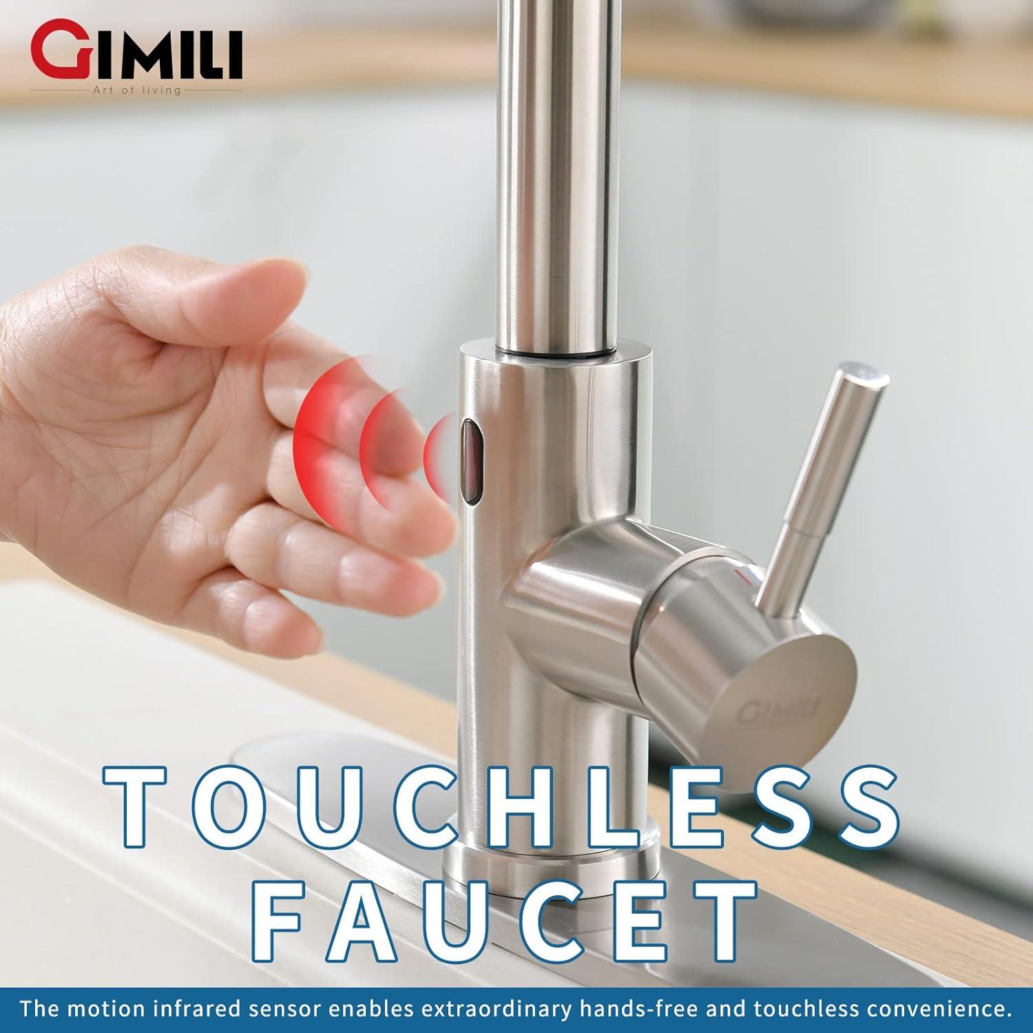 GIMILI Black and Gold Touchless Kitchen Faucet with Pull Down Sprayer Motion Sensor Smart Hands-Free Activated Single Hole Spring Faucet for Kitchen Sink