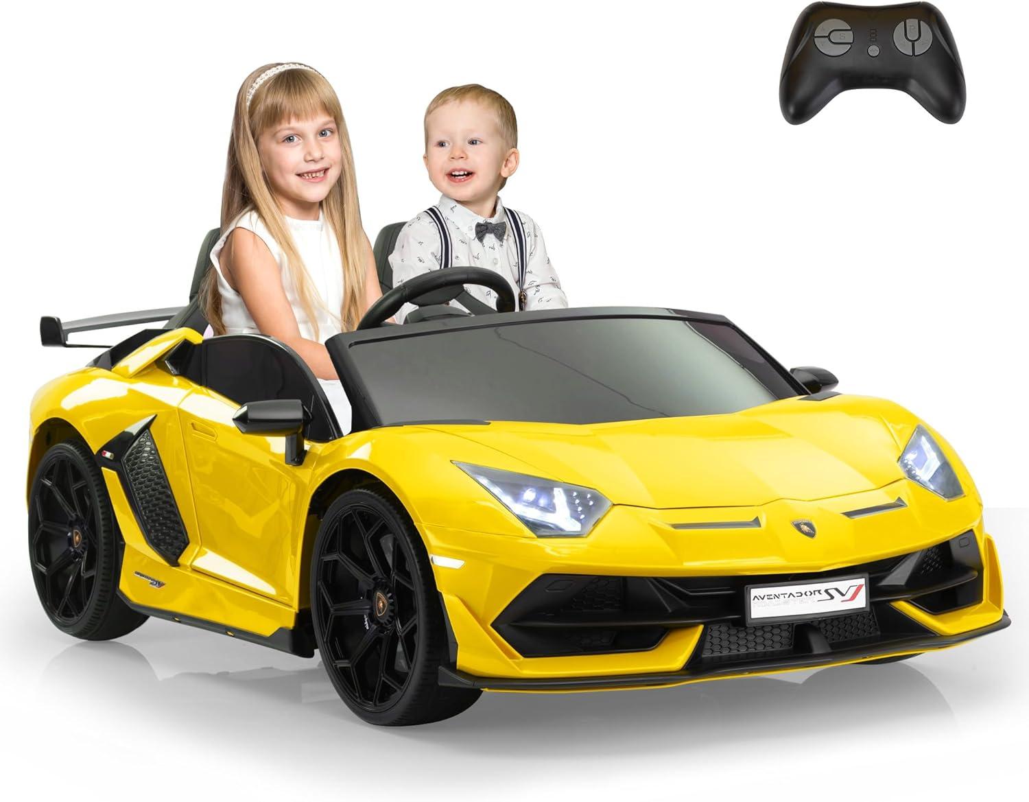 Tobbi 24V Lamborghini 2-seater Battery Powered Ride on with High/Low speed switch, Slow start function, Battery level display, MP3, USB, Light Drift Car for Kids 3-8