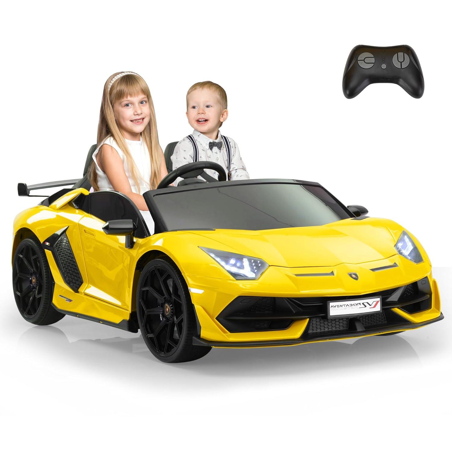 Tobbi 24V Lamborghini 2-seater Battery Powered Ride on with High/Low speed switch, Slow start function, Battery level display, MP3, USB, Light Drift Car for Kids 3-8