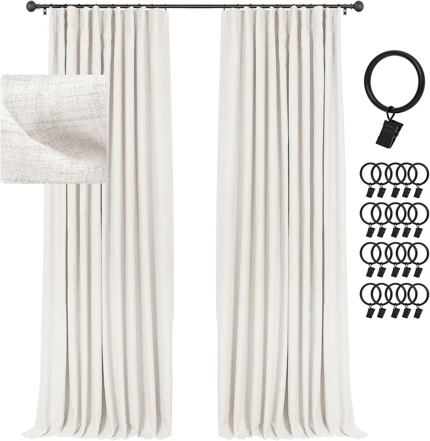 Beige Linen Blackout Curtains with Rod Pocket and Clip Rings, 84 Inches Long