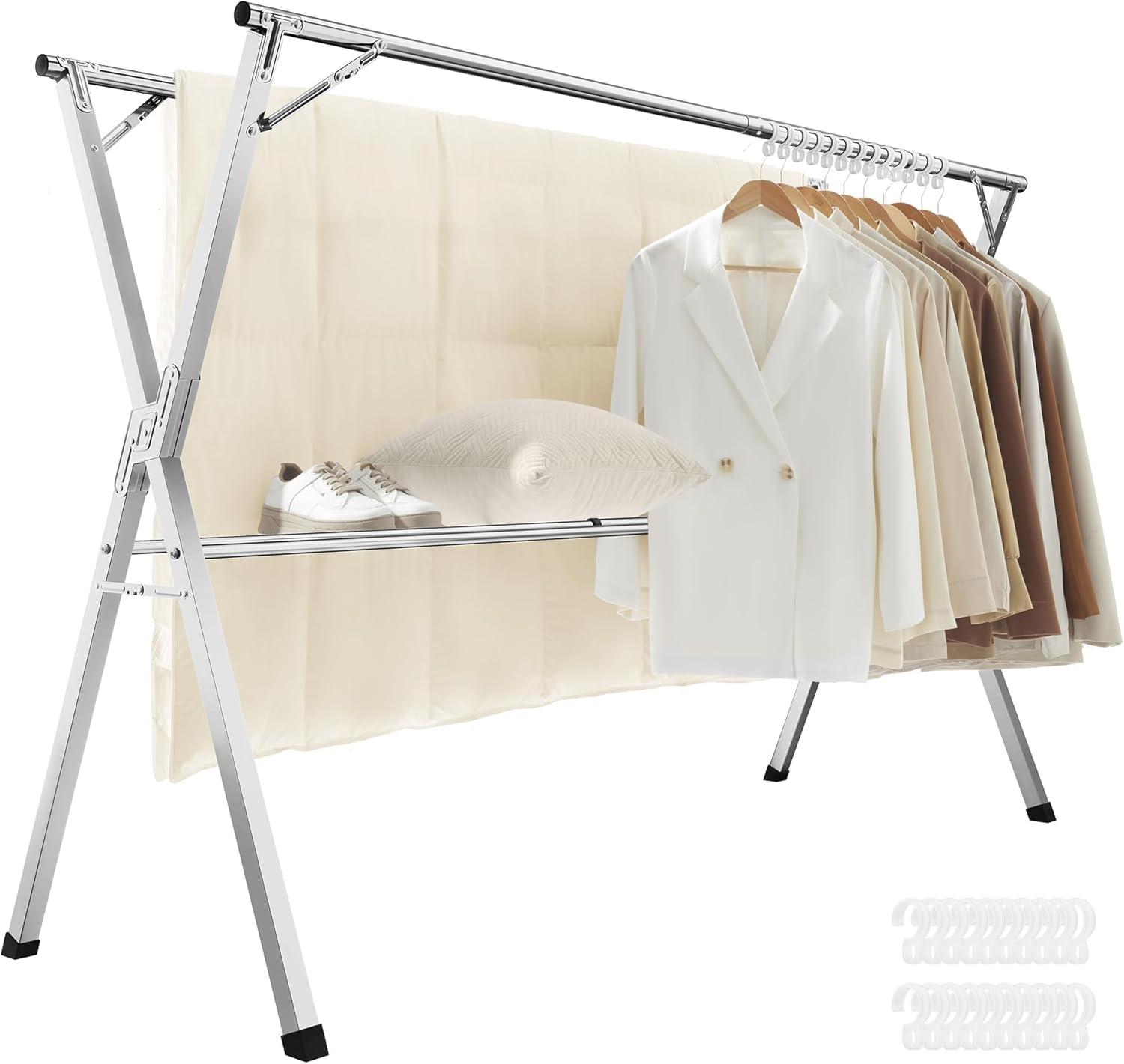 Clothes Drying Rack, Heavy-Duty Laundry Drying Rack, 52.4-78.7 Inches Extendable, Foldable Freestanding Airer, Stainless Steel, for Indoor Outdoor Use, Dove Gray ULLR902E01