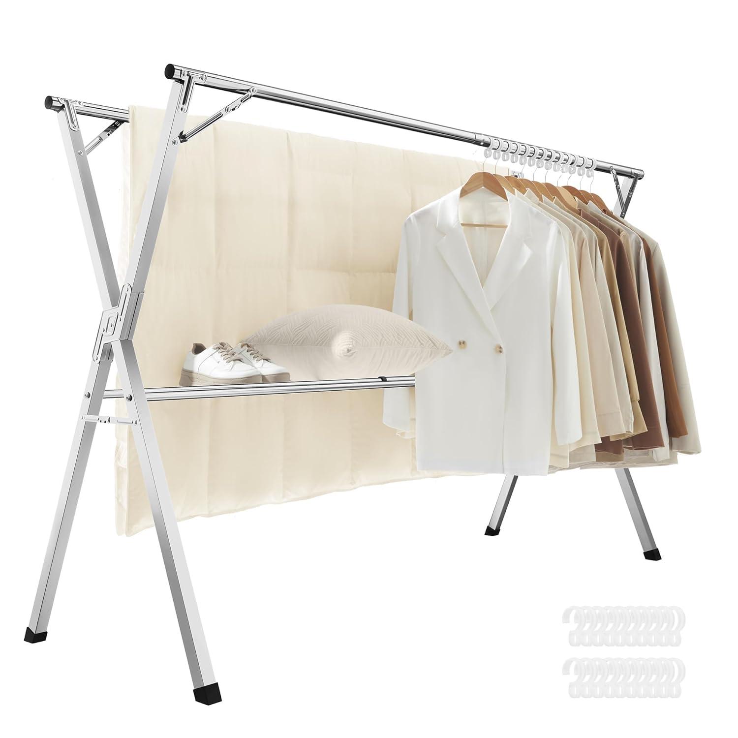 Clothes Drying Rack, Heavy-Duty Laundry Drying Rack, 52.4-78.7 Inches Extendable, Foldable Freestanding Airer, Stainless Steel, for Indoor Outdoor Use, Dove Gray ULLR902E01