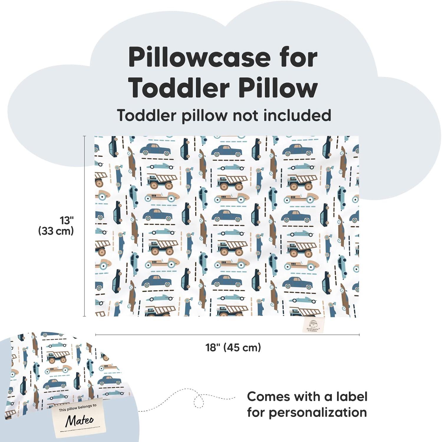 KeaBabies Toddler Pillowcase 13"x18" - Organic Cotton Toddler Pillowcase for Kids, Boys, Girls, Soft & Durable Cotton Cover for Miniature Sleepy Pillows, Cute Colors, Pillow Sold Separately (Vroom)