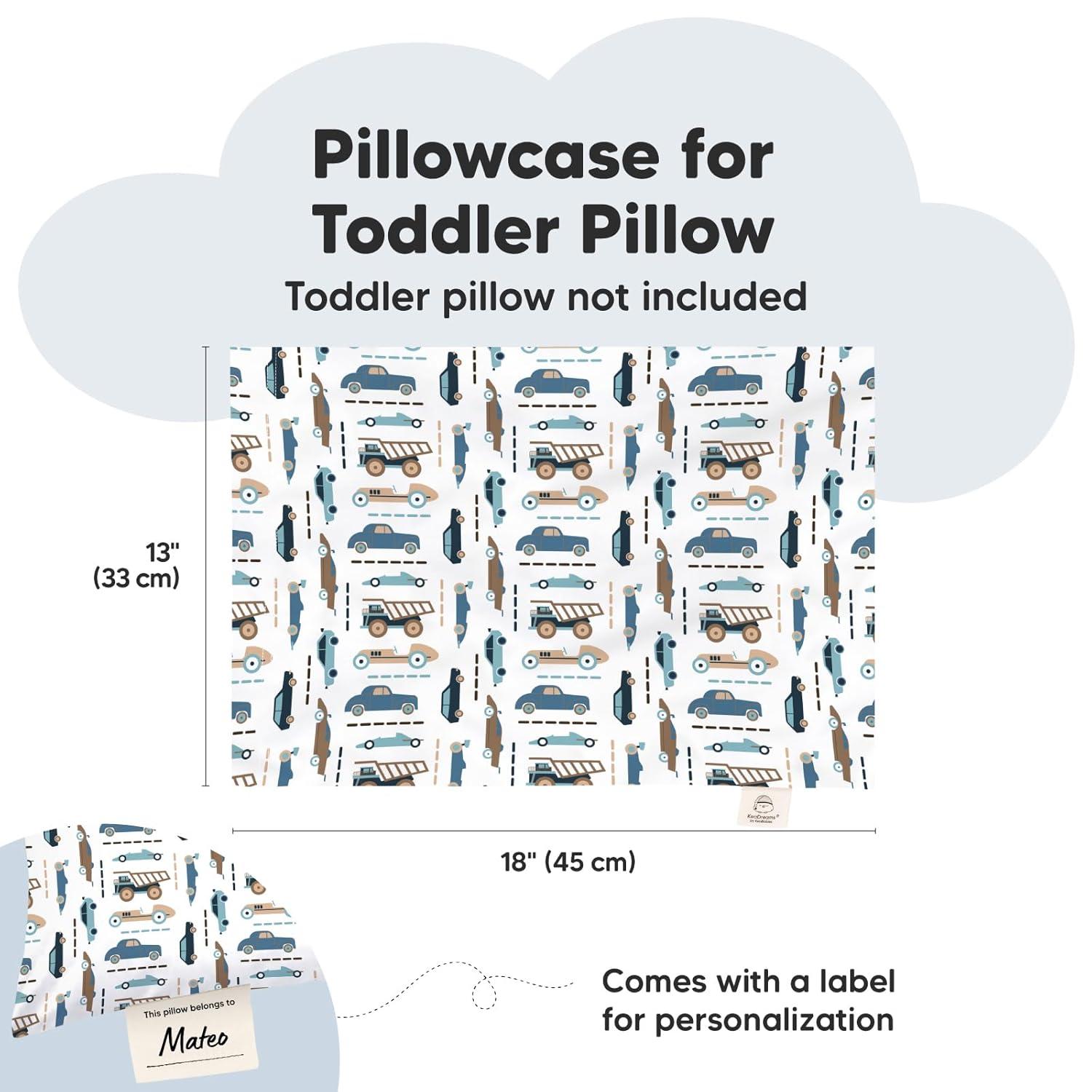 KeaBabies Toddler Pillowcase 13"x18" - Organic Cotton Toddler Pillowcase for Kids, Boys, Girls, Soft & Durable Cotton Cover for Miniature Sleepy Pillows, Cute Colors, Pillow Sold Separately (Vroom)