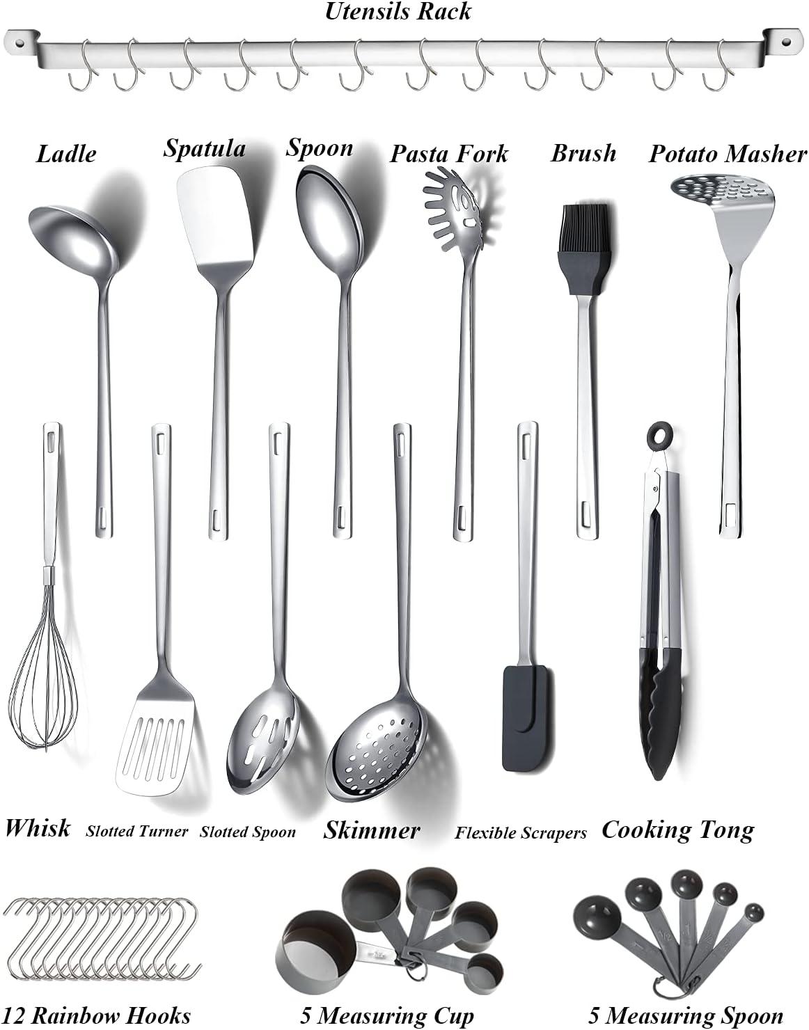 ReaNea Cooking Utensils Set Stainless Steel 37 Pieces Kitchen Utensils Set Kitchen Tool Gadgets with Hooks for Hanging