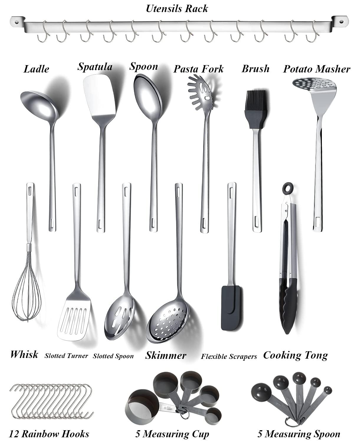ReaNea Cooking Utensils Set Stainless Steel 37 Pieces Kitchen Utensils Set Kitchen Tool Gadgets with Hooks for Hanging