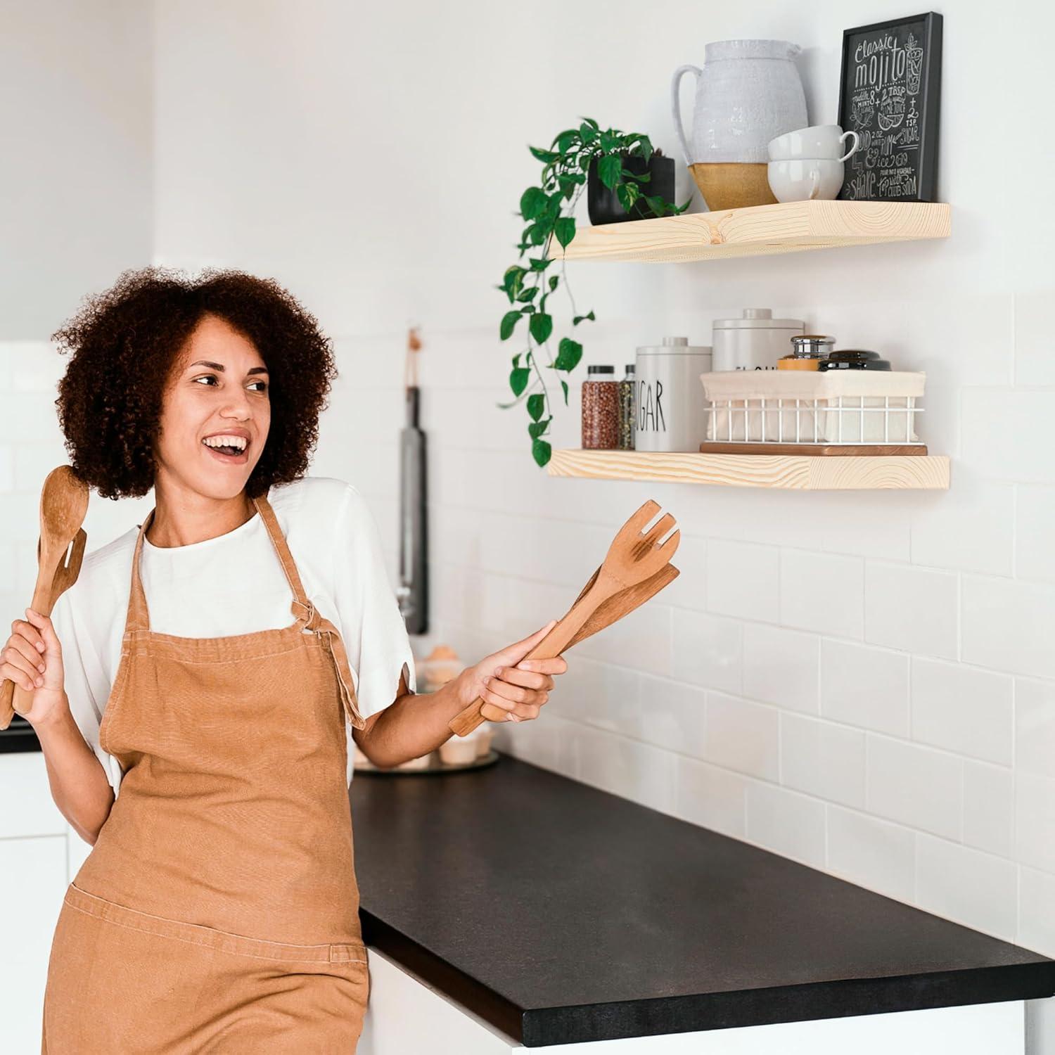 Baobab Workshop Solid Wood Floating Shelves, Wooden Shelves for Wall (Set of 2)