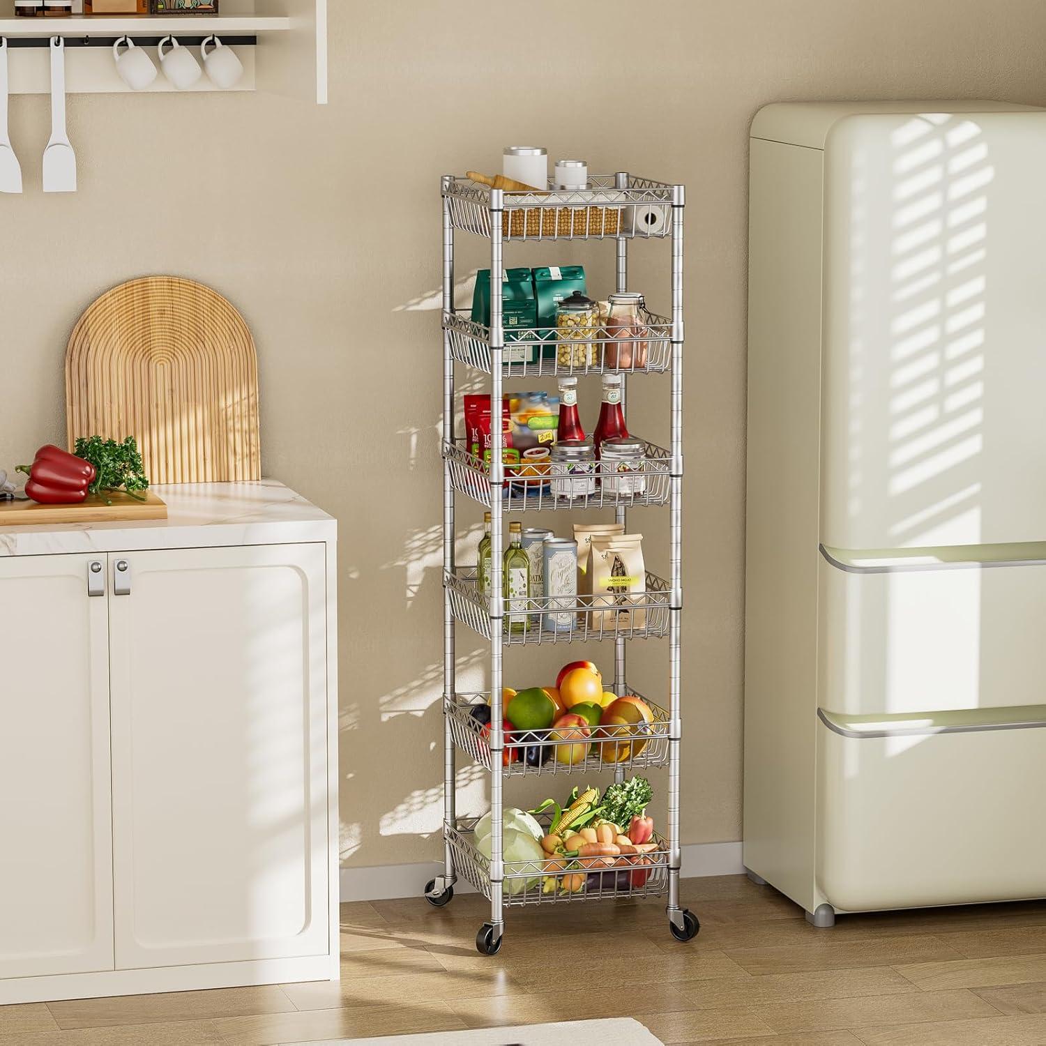 SINGAYE 6 Tier Shelf Adjustable Storage Shelves Rack Standing Units with Wheels Closet Wire Shelving Organizers Metal Pantry Kitchen Laundry Room 13.5" D x 13.5" W x 63" H Silver