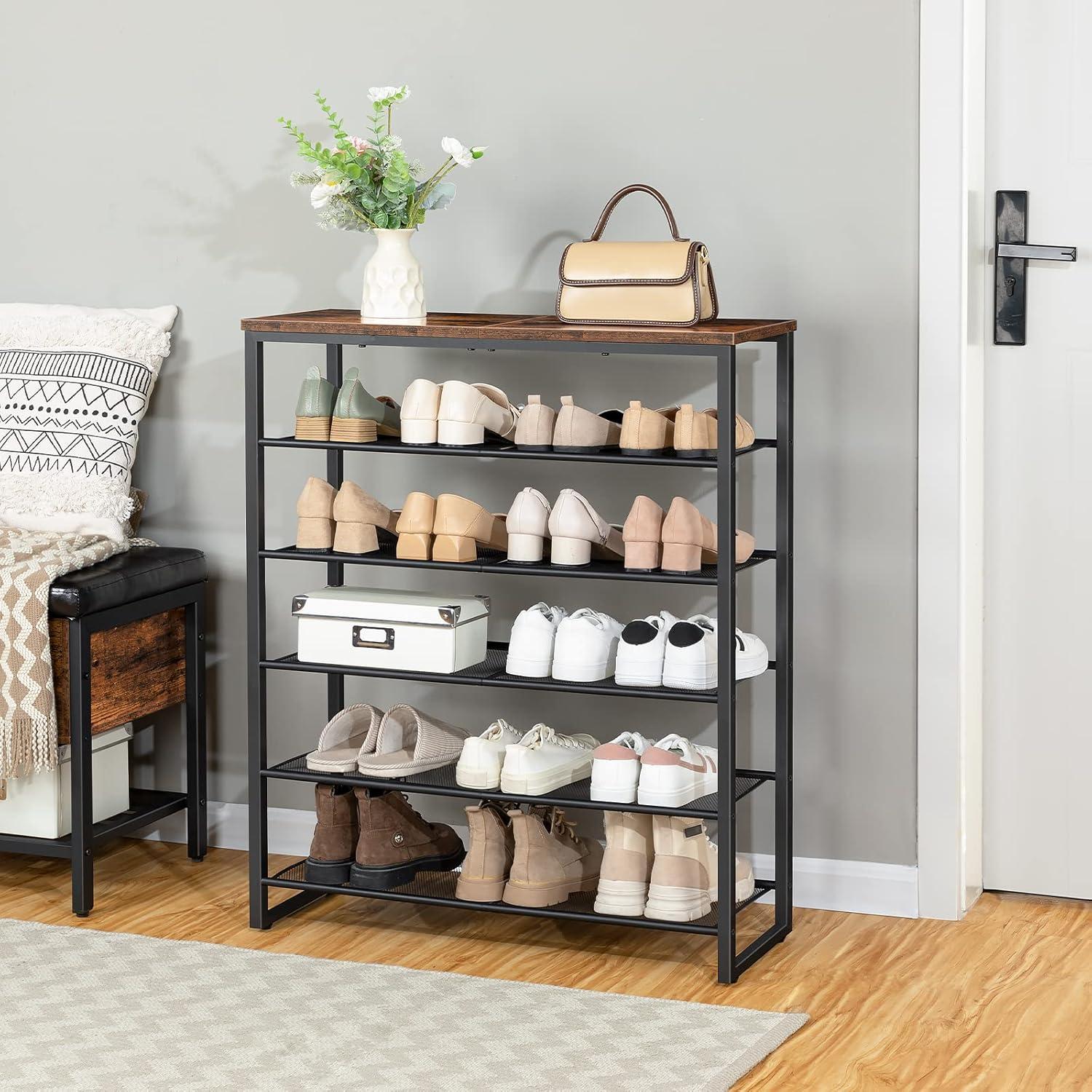 Rustic Brown and Black 6-Tier Metal and Particleboard Shoe Rack