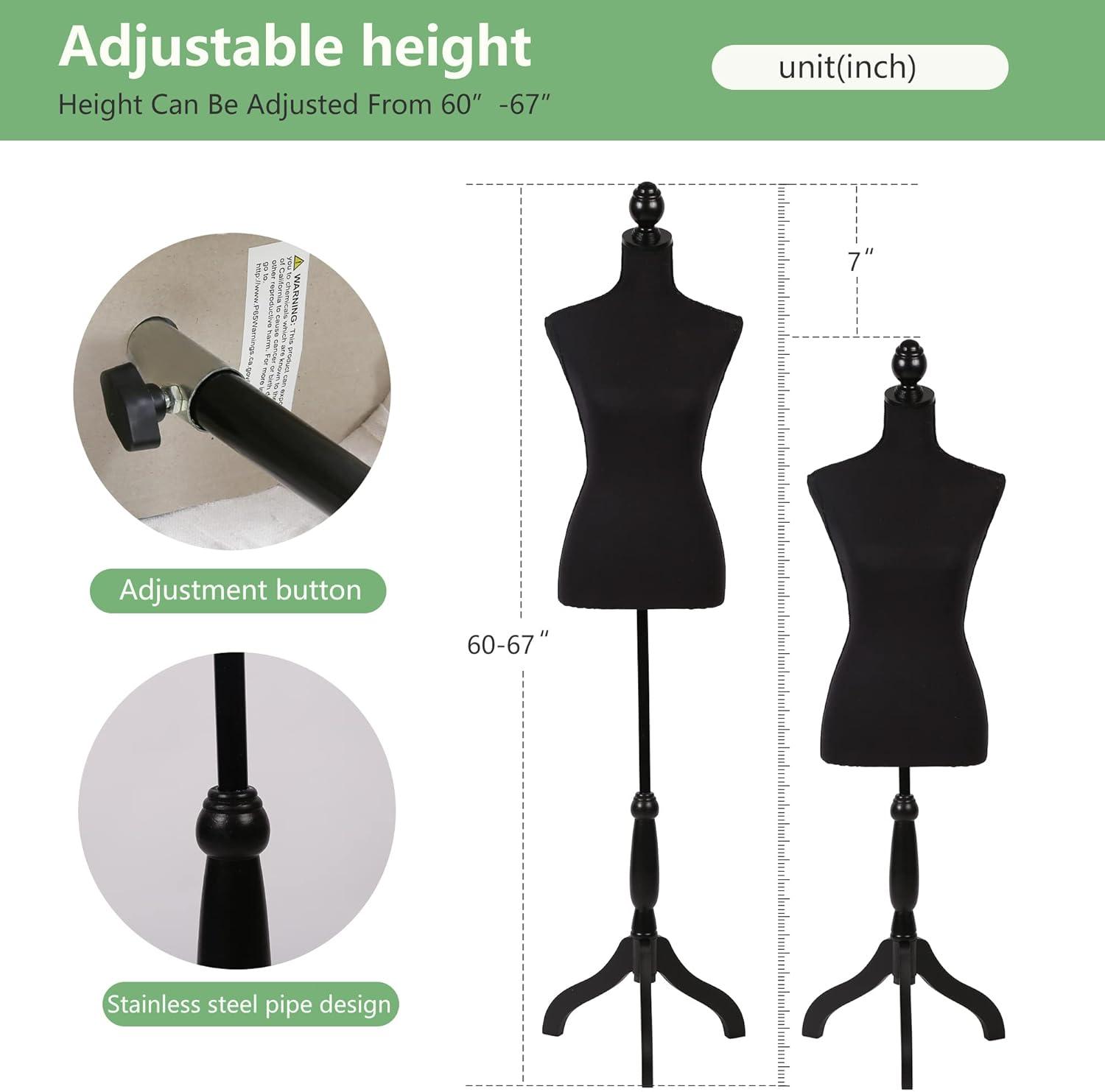 NiamVelo Female Mannequin Torso Dress Form 60-67 Inch Height Adjustable Body Model with Tripod Wooden Base, Black