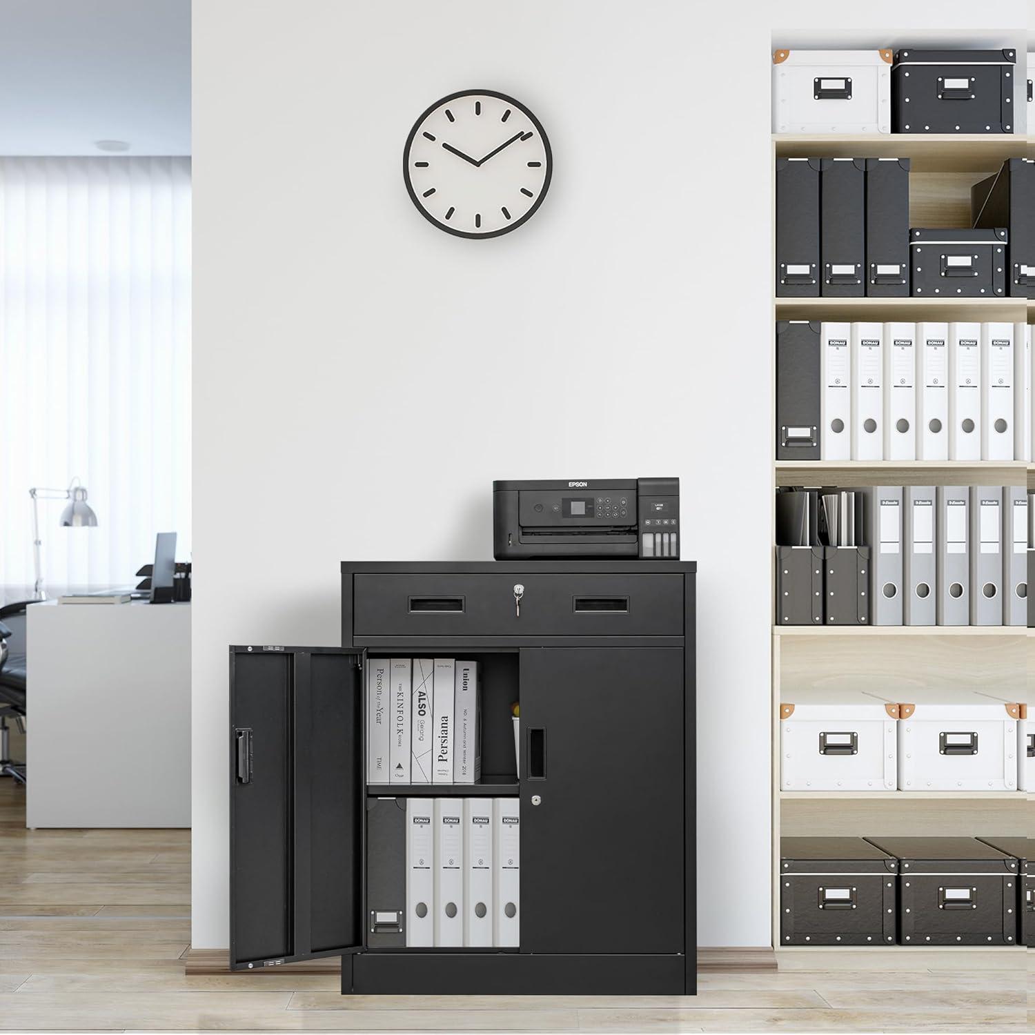 Black Metal Lockable Office Cabinet with Adjustable Shelves and Drawers