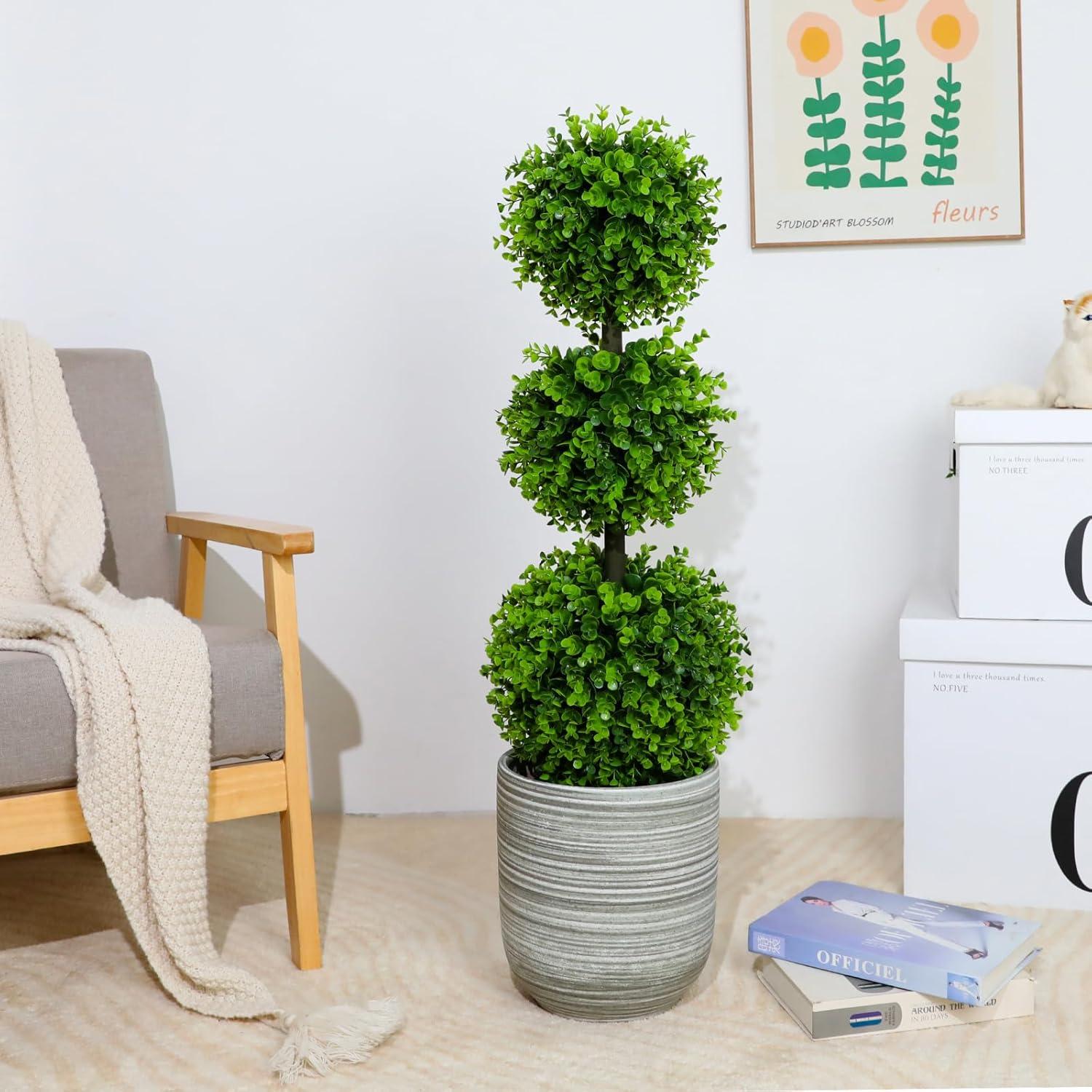 Fake Boxwood Topiary Tree Set Of 2 ,Faux 3 Balls Tree Topiary In Pot