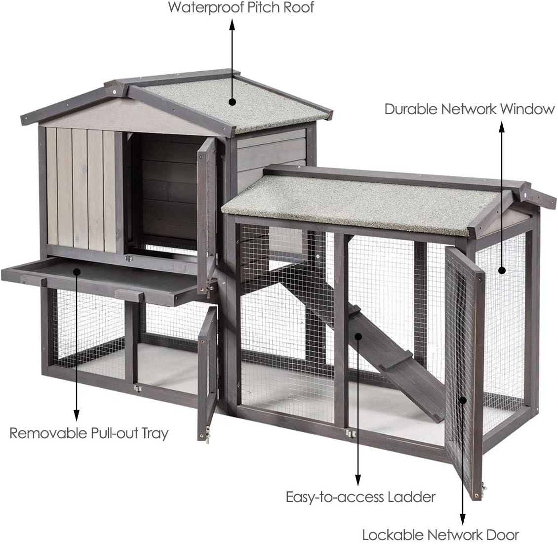 Gymax 58'' Wooden Rabbit Hutch Large Chicken Coop Weatherproof Indoor Outdoor Use Gray