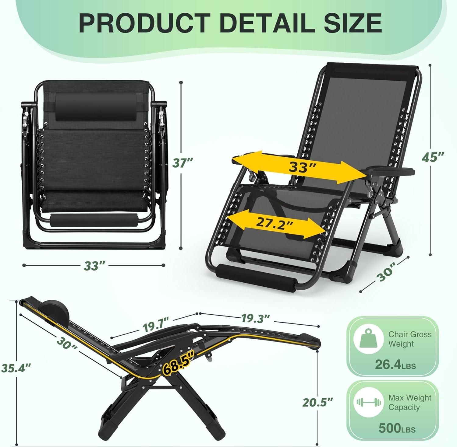 ZENPETIO Oversized Zero Gravity Chair,33In XXL Lounge Chair w/Removable Cushion&Headrest, Reclining Camping Chair w/Upgraded Lock and Footrest, Reclining Patio Chairs Recliner for Indoor Outdoor