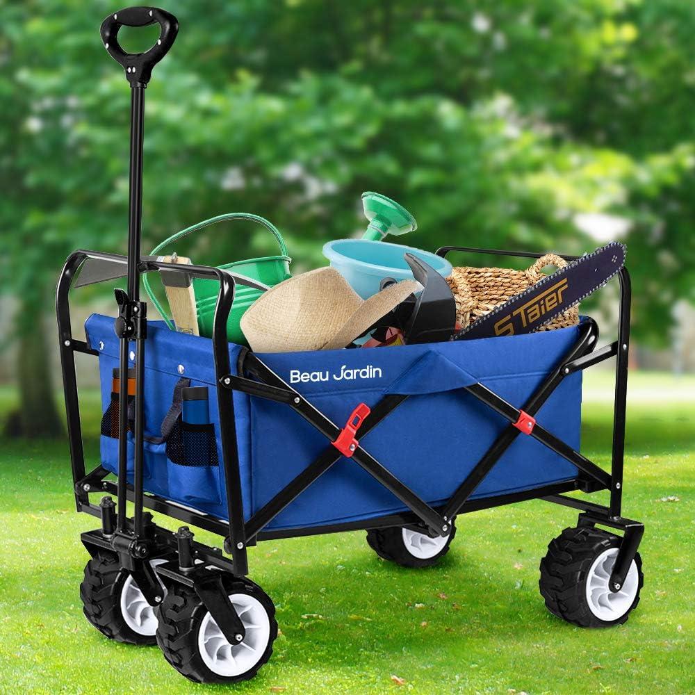 BEAU JARDIN Collapsible Folding Wagon 300 Pound Capacity Heavy Duty Foldable Beach Wagon Cart Grocery Utility Wagon for Garden Sports Shopping Outdoor All Terrain Wheel Portable Black