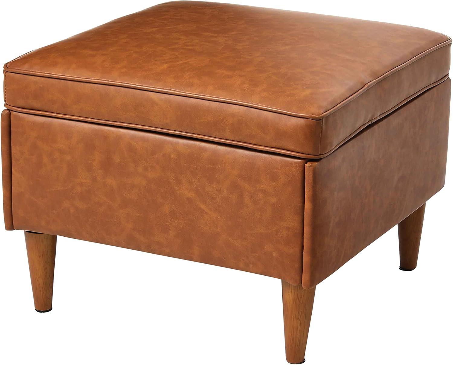 Atley Cognac Vegan Leather Storage Ottoman with Solid Wood Legs