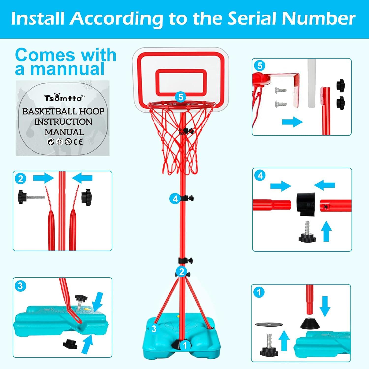 Kids Basketball Hoop Adjustable Height 2.9 ft-6.2 ft Toddler Basketball Hoop for Kids Indoor Outdoor Play Portable Basket Ball Goal Backyard Outside Toys for Boy Girl Age 2 3 4 5 6 7 8