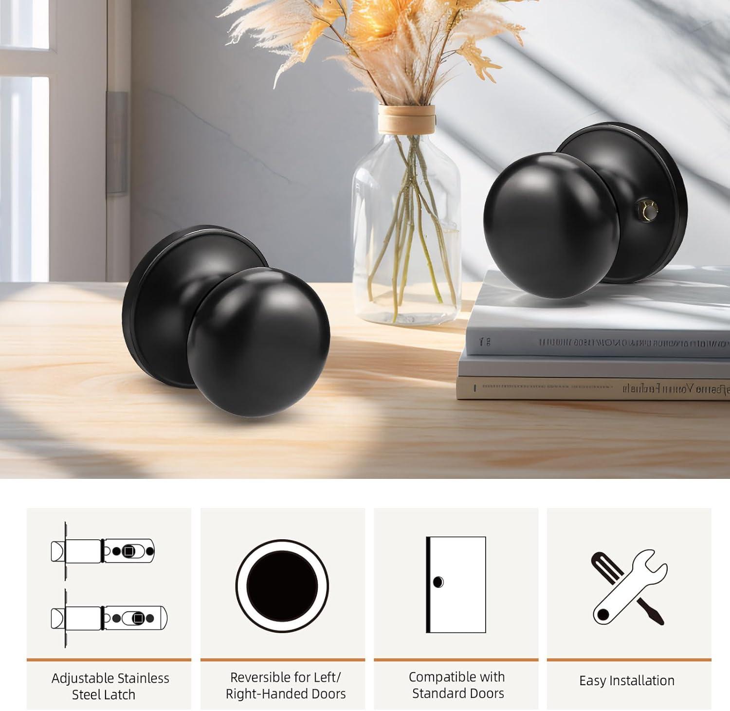 Probrico Black Door Knobs Interior, Passage Door Knobs for Hallway Closet, Matte Black Keyless Indoor Door Knob, 6 Pack