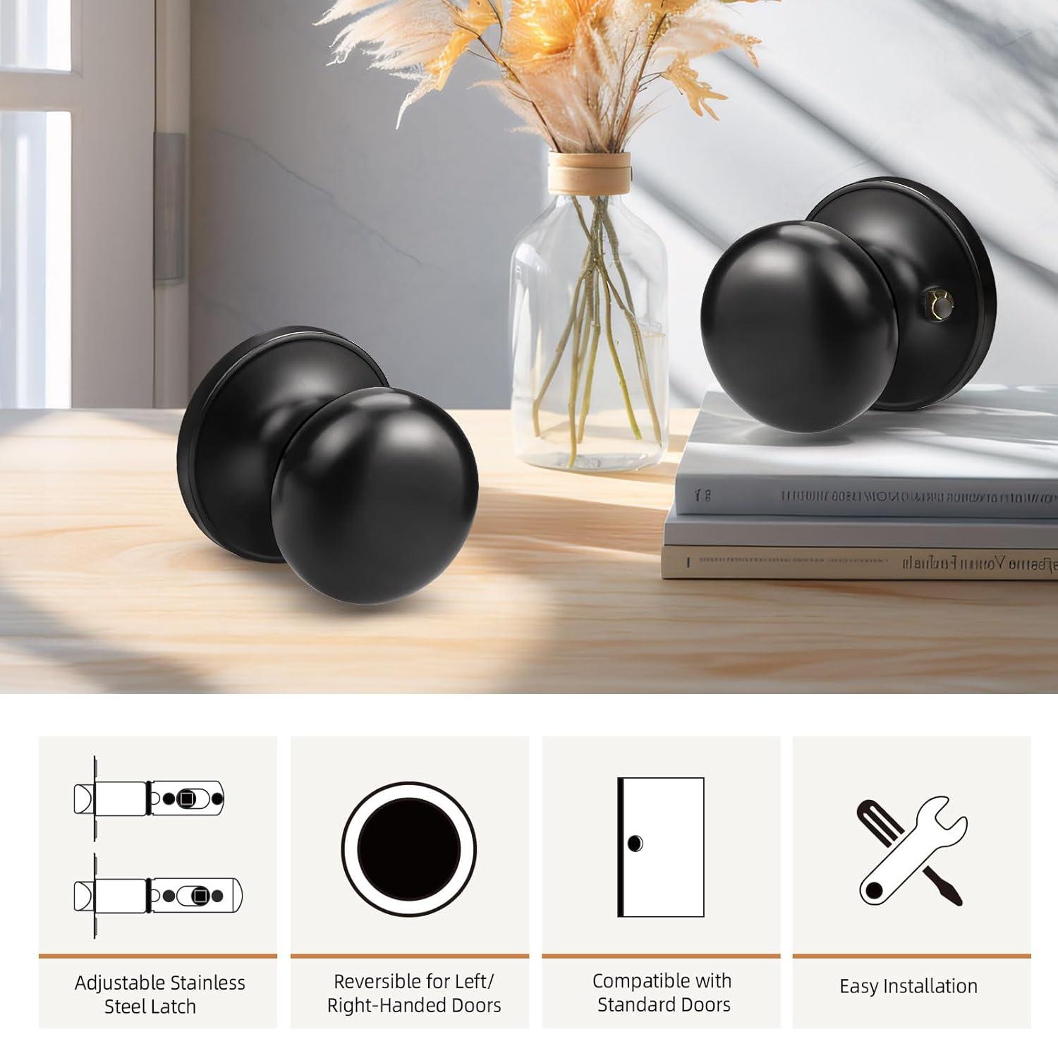 Probrico Black Door Knobs Interior, Passage Door Knobs for Hallway Closet, Matte Black Keyless Indoor Door Knob, 6 Pack
