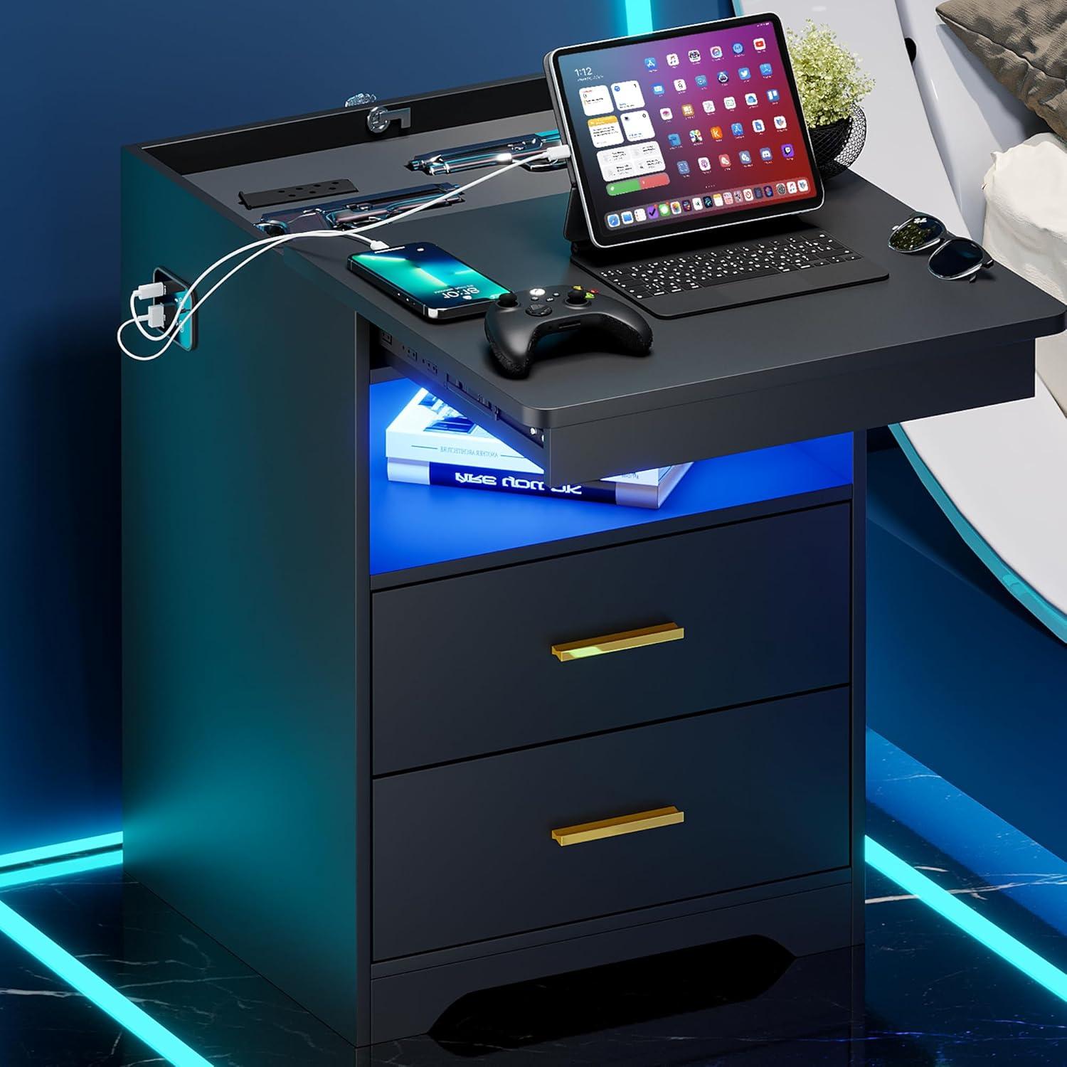 Black Nightstand Set of 2 with Outlets&USB Ports&LED Lights Modern Bedside Table Storage Cabinet with 2 Fabric Drawers for Bedroom