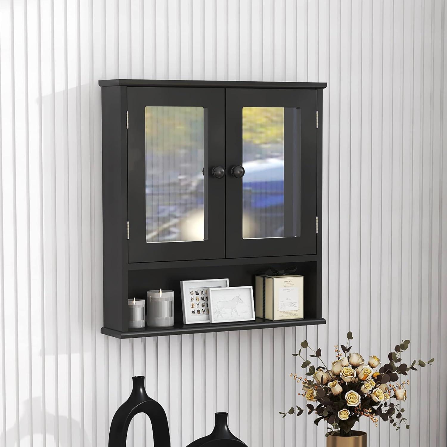 Medicine Cabinet, Medicine Cabinets For Bathroom With Mirror 2 Doors 3 Open Shelf, Bathroom Cabinet Wall Mounted Wooden Storage Over Toilet Laundry Room Kitchen