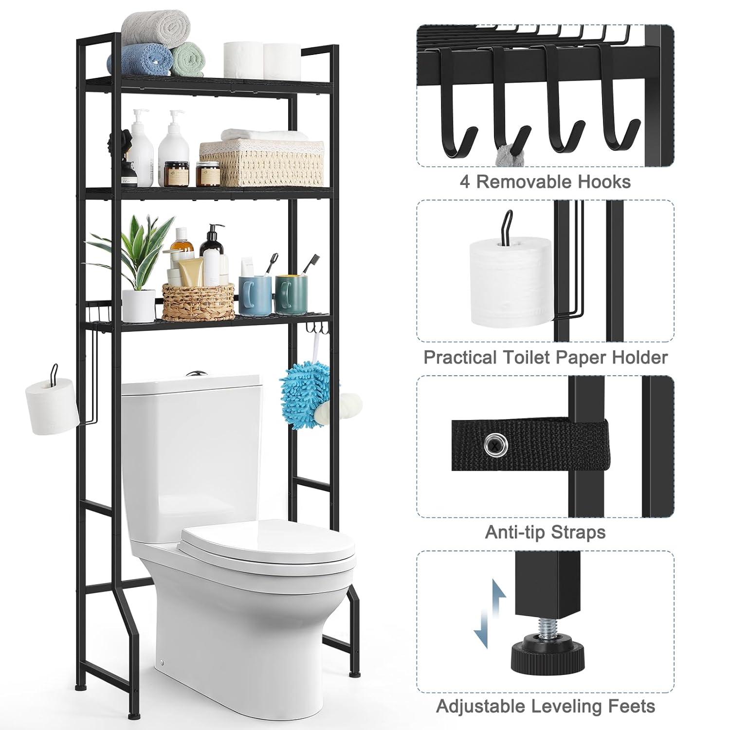 Over The Toilet Storage Over Toilet Rack Bathroom Organizer 3 Tier Toilet Shelf with 4 Hooks and Toilet Paper Holder Freestanding Bathroom Stand Over Toilet Save Space, Black