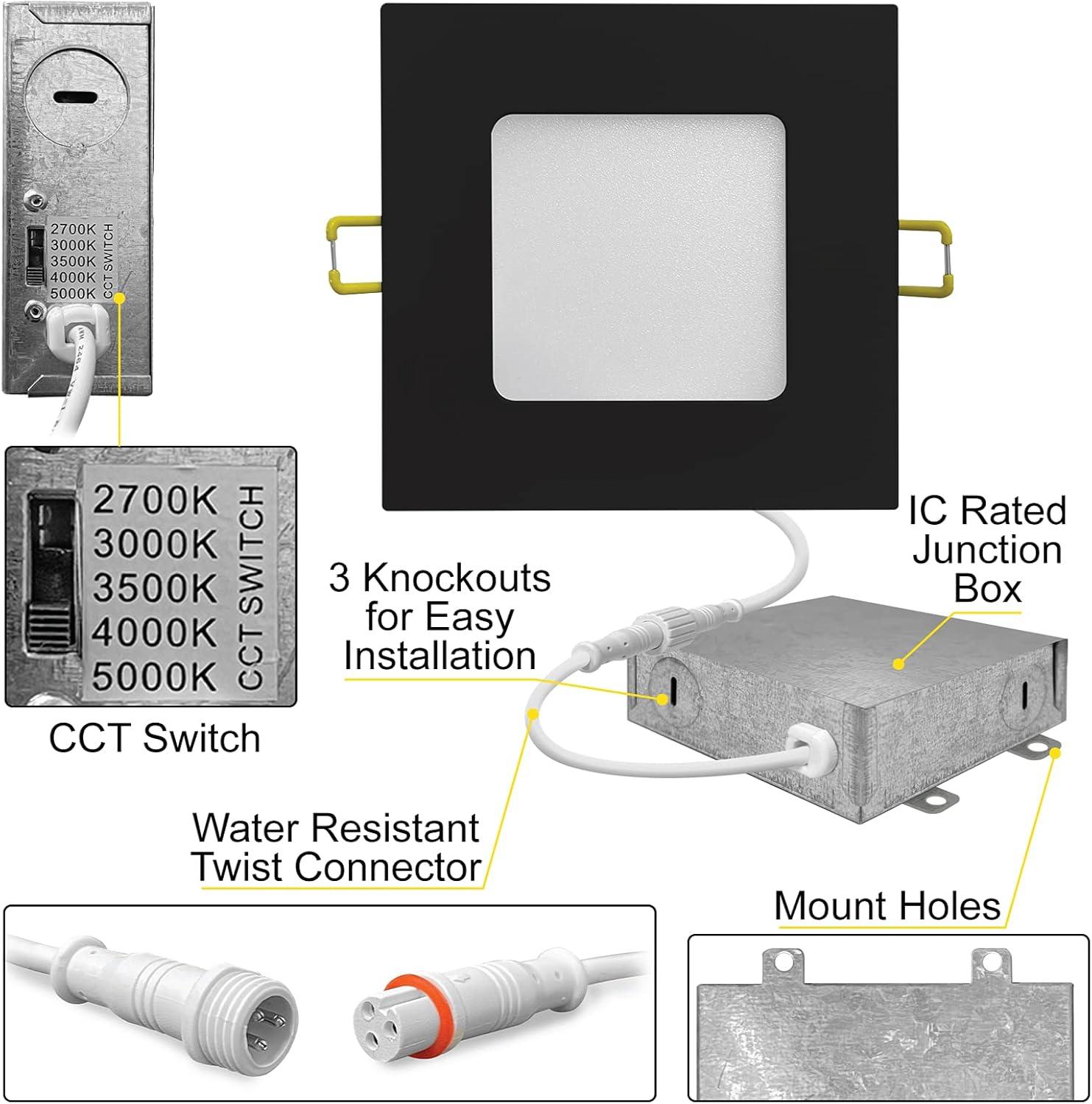 4 in. Slim Canless Square LED Recessed Light 12W 5CCT Dimmable IC Rated 550LM Black Trim 12PK